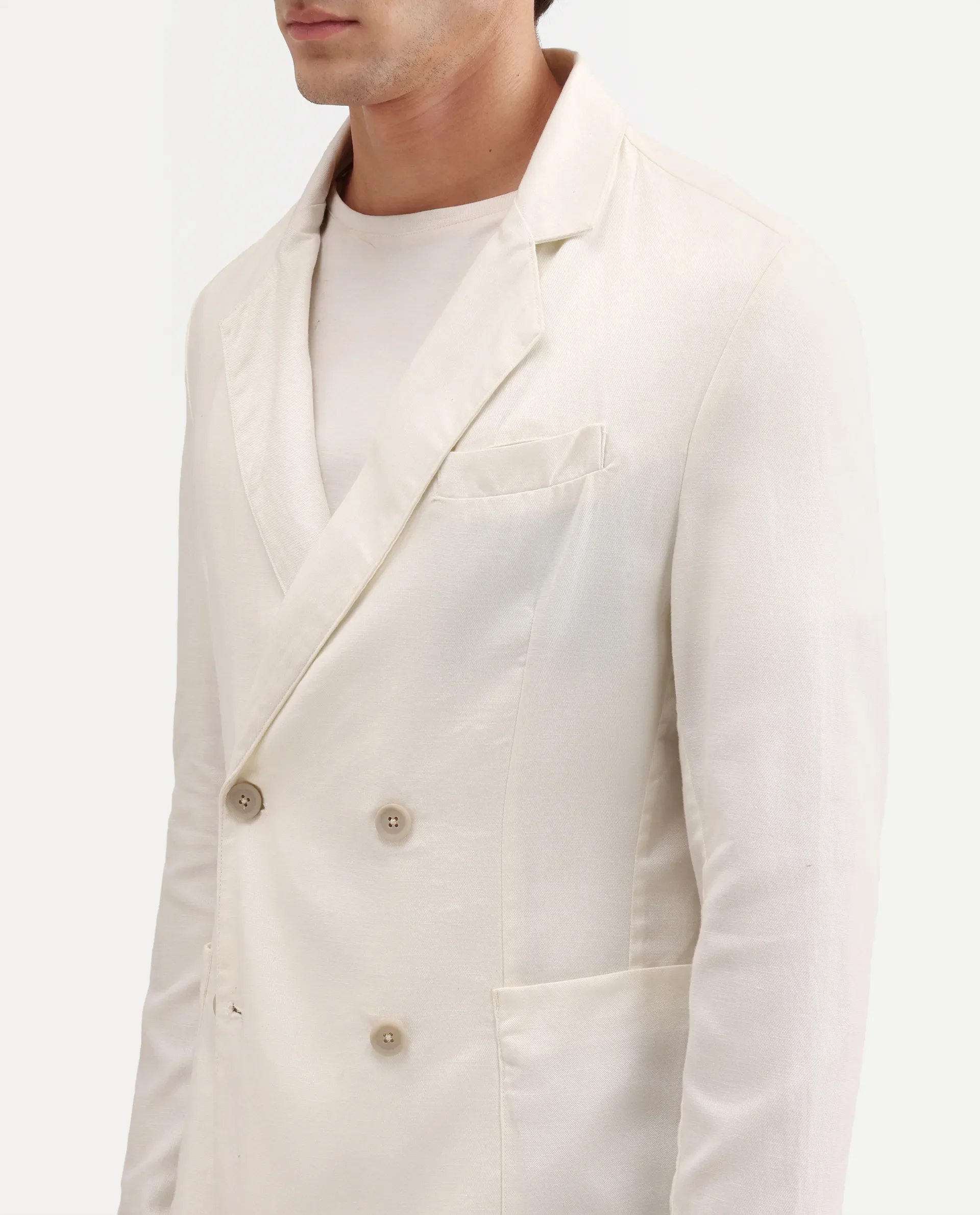 Rare Rabbit Men's Deb Off White Linen Blend Fabric Lapel Neck Tailored Fit Plain Blazer - Image 3