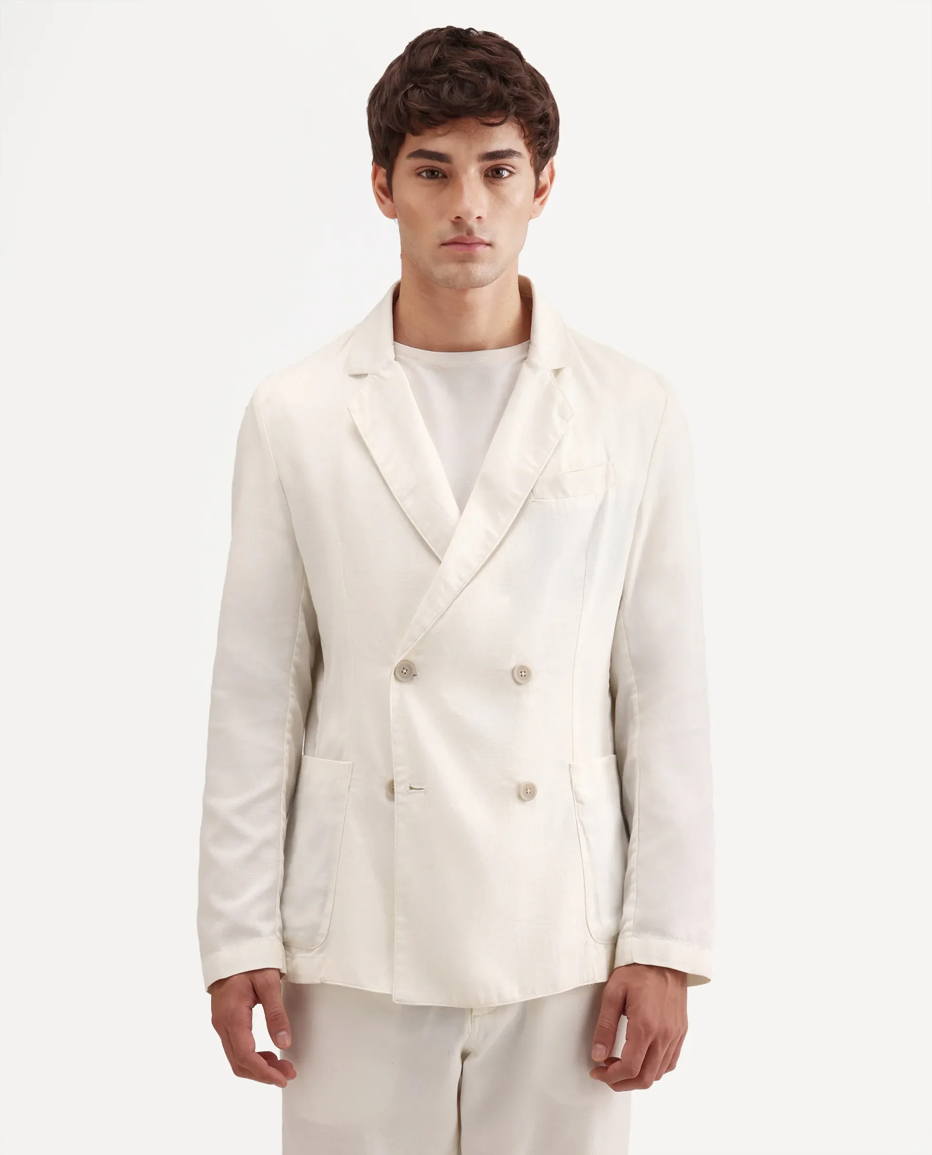 Rare Rabbit Men's Deb Off White Linen Blend Fabric Lapel Neck Tailored Fit Plain Blazer - Image 4