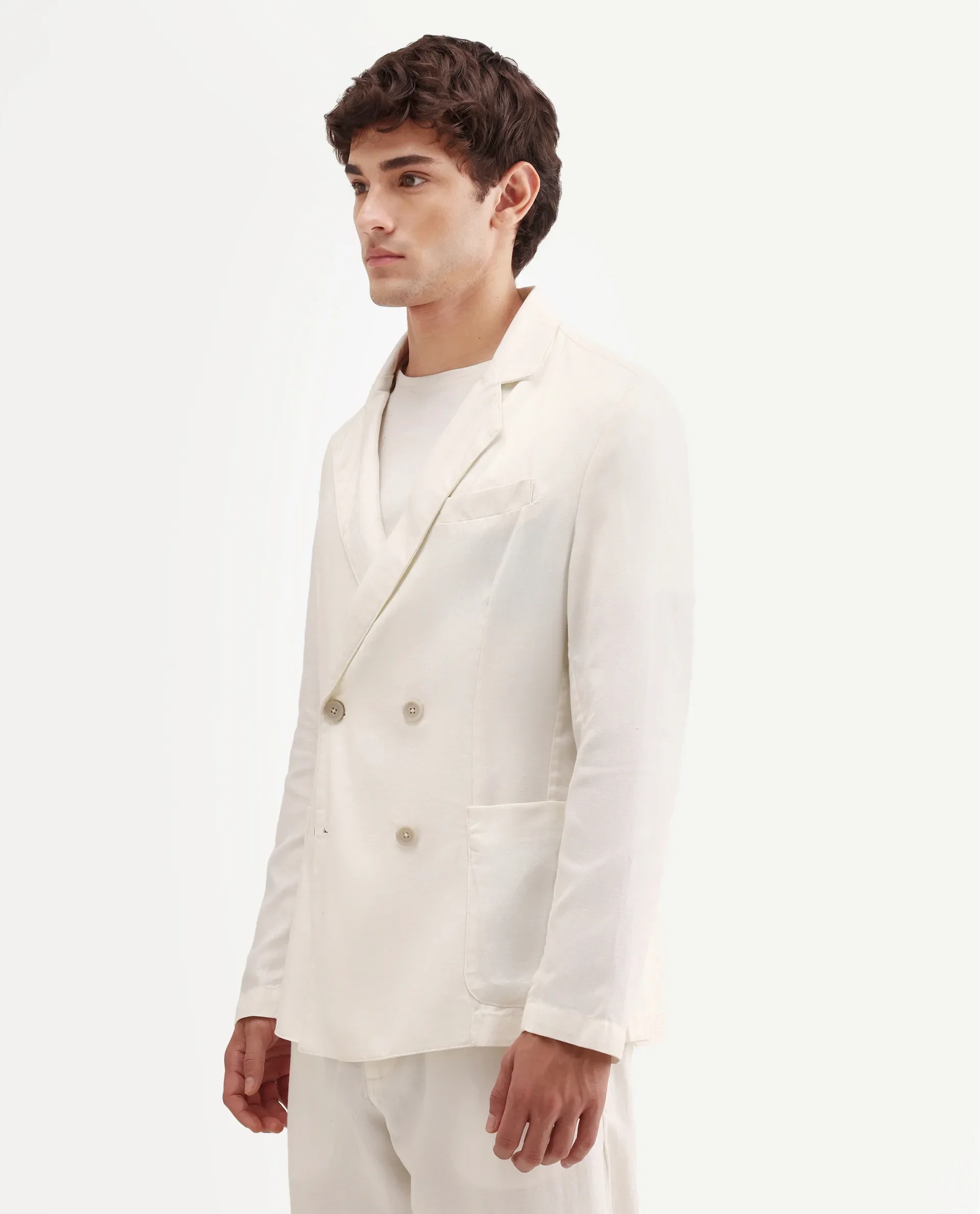 Rare Rabbit Men's Deb Off White Linen Blend Fabric Lapel Neck Tailored Fit Plain Blazer - Image 5