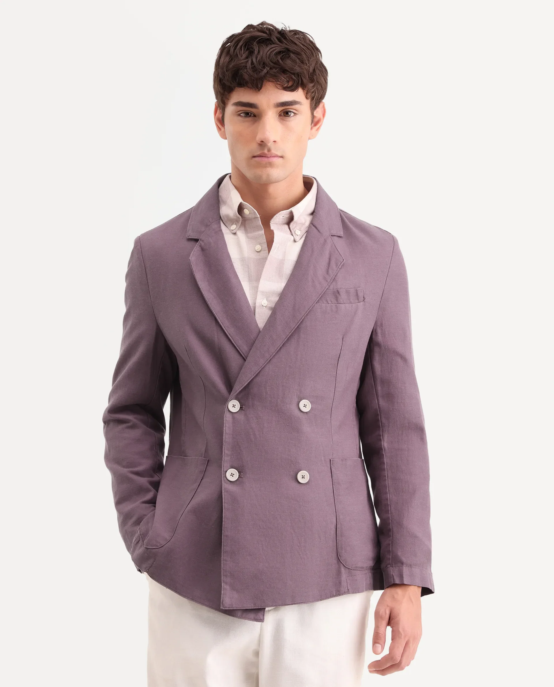 Rare Rabbit Men's Deb Purple Linen Blend Fabric Lapel Neck Tailored Fit Plain Blazer - Image 4