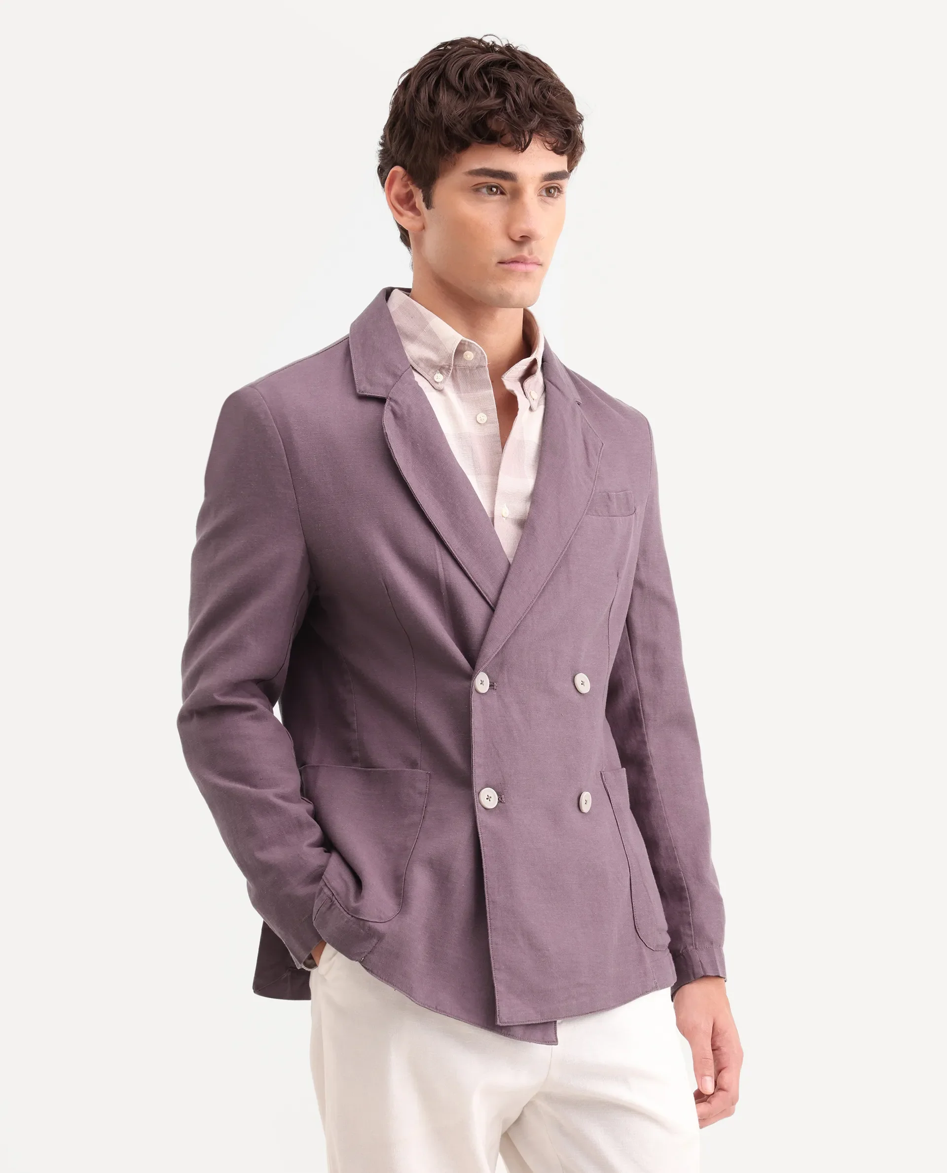 Rare Rabbit Men's Deb Purple Linen Blend Fabric Lapel Neck Tailored Fit Plain Blazer - Image 5