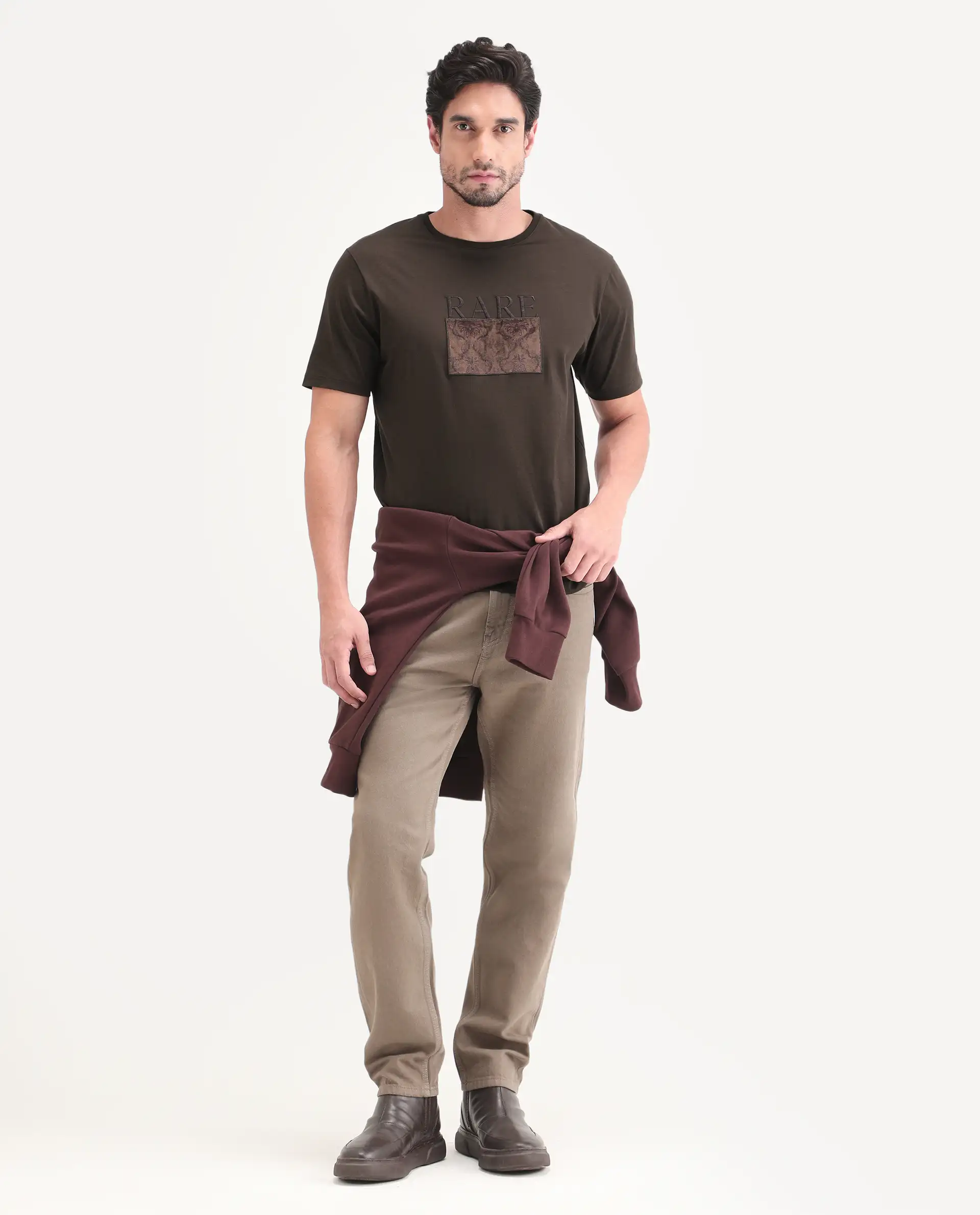 Rare Rabbit Men's Deb Dark Brown Cotton Fabric Half Sleeve Crew Neck Regular Fit Graphic Print T-Shirt - Image 2