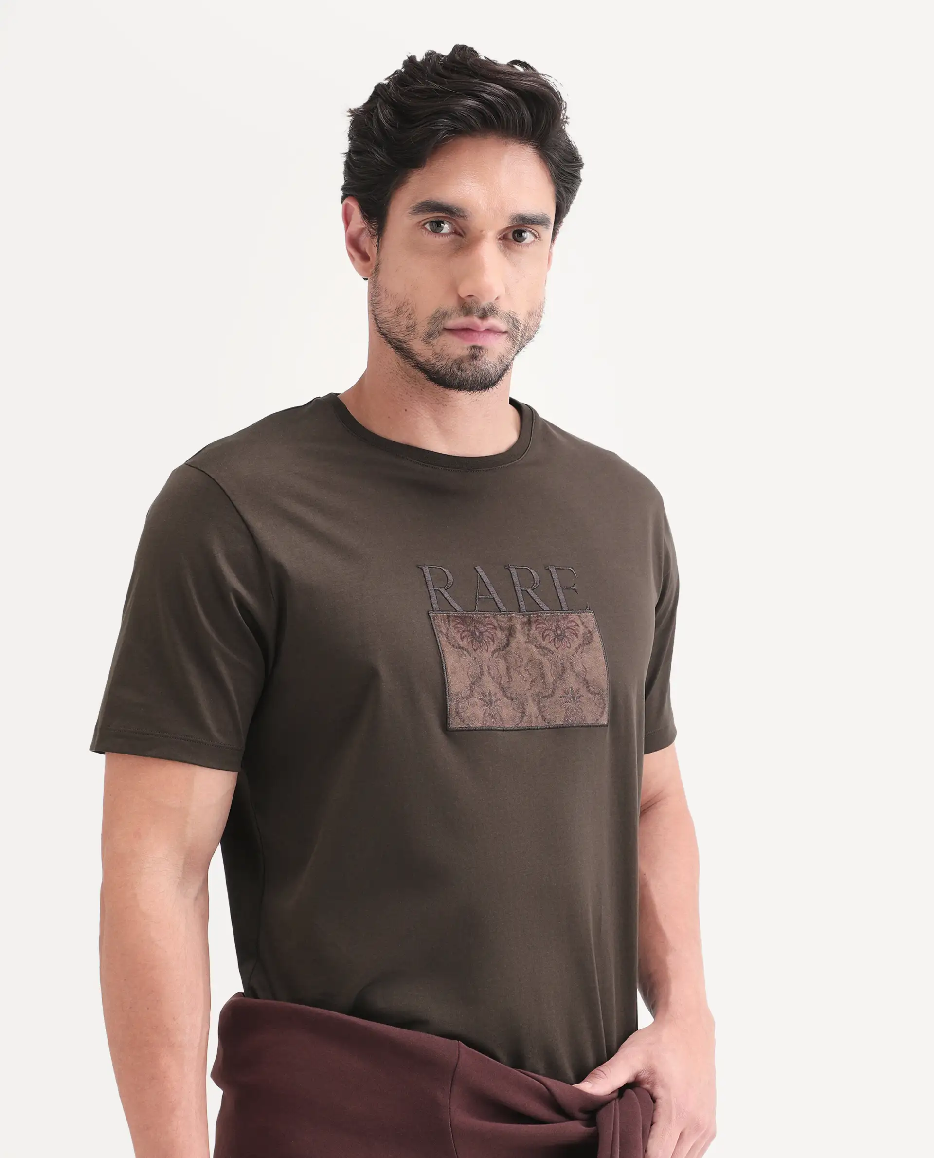 Rare Rabbit Men's Deb Dark Brown Cotton Fabric Half Sleeve Crew Neck Regular Fit Graphic Print T-Shirt - Image 3