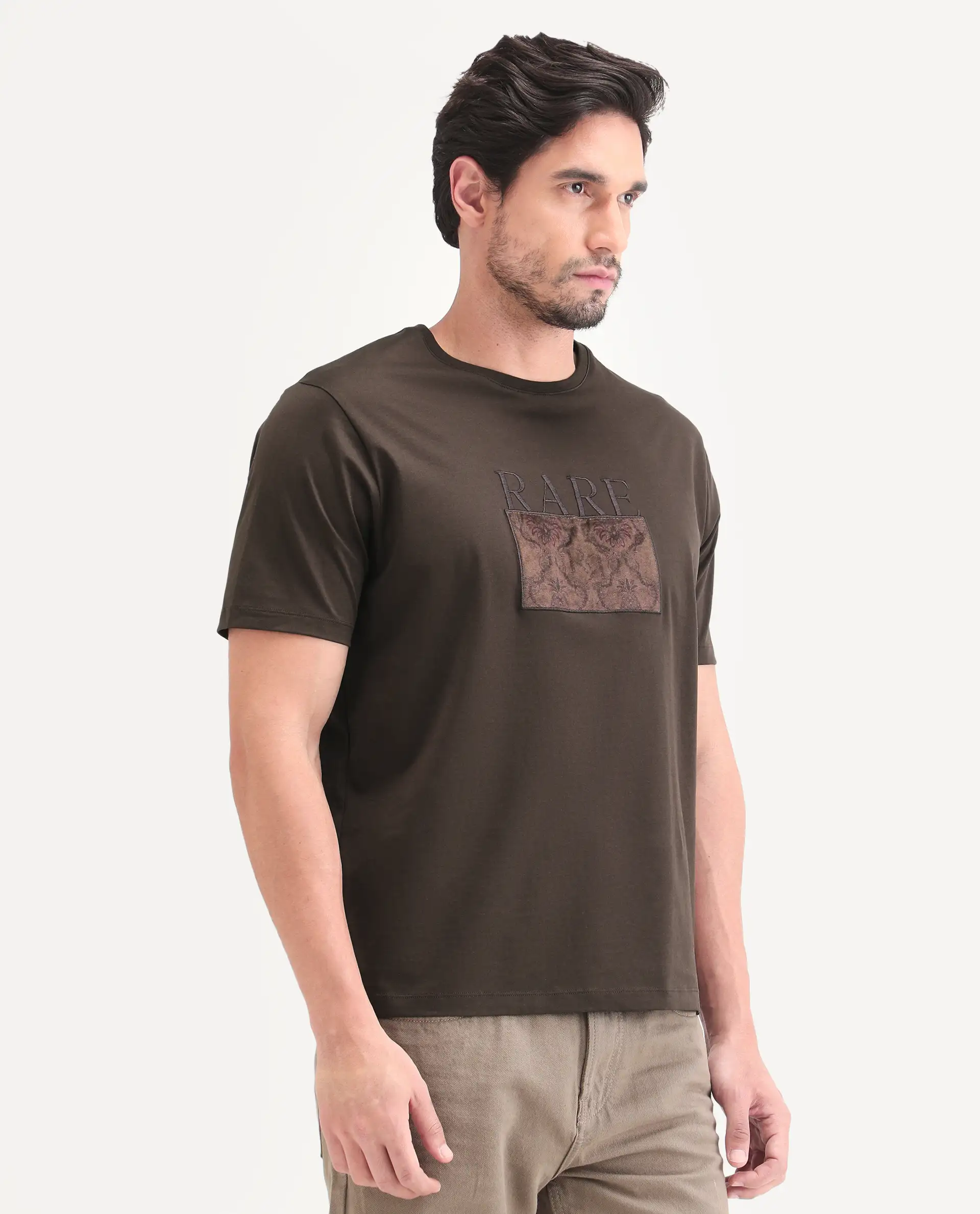 Rare Rabbit Men's Deb Dark Brown Cotton Fabric Half Sleeve Crew Neck Regular Fit Graphic Print T-Shirt - Image 4