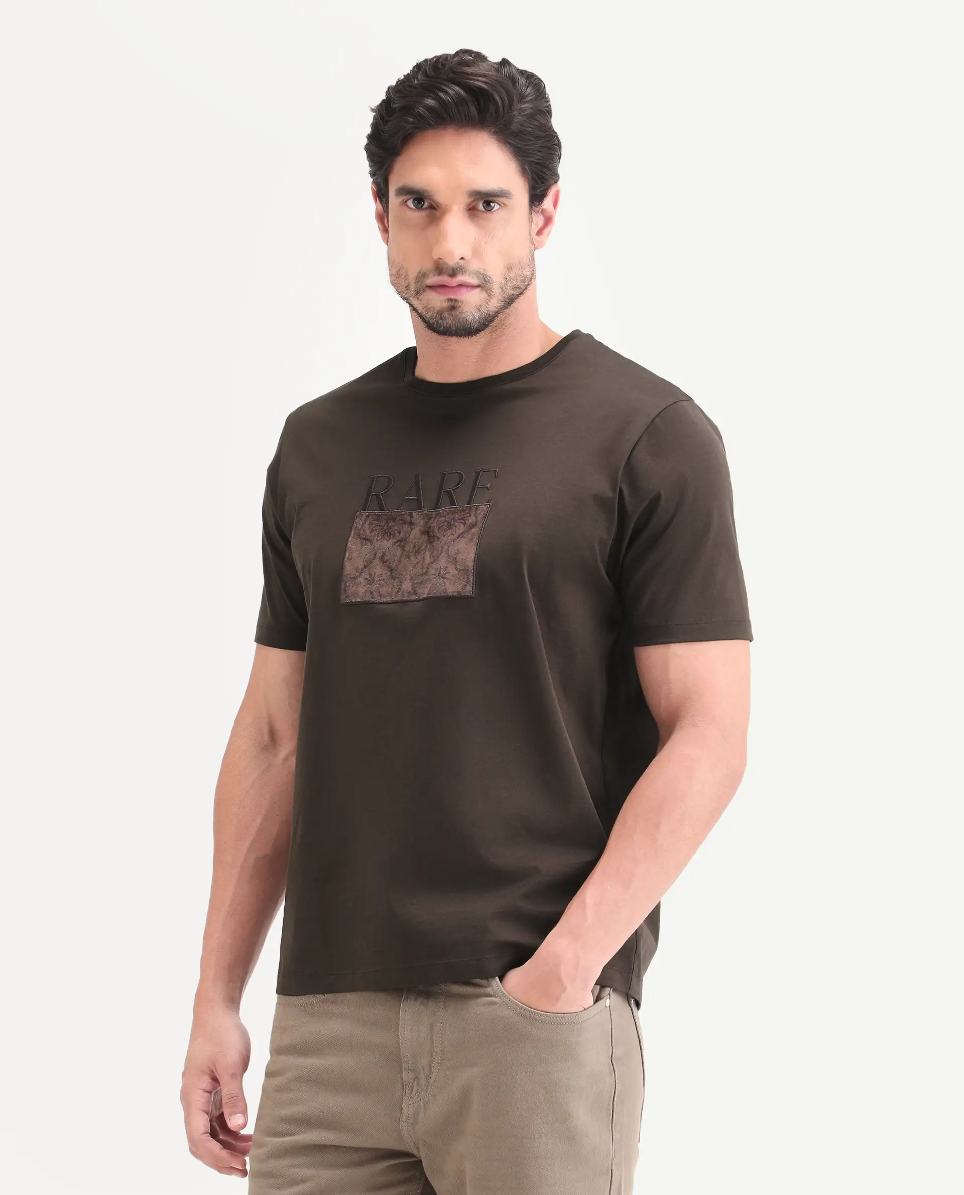 Rare Rabbit Men's Deb Dark Brown Cotton Fabric Half Sleeve Crew Neck Regular Fit Graphic Print T-Shirt - Image 5
