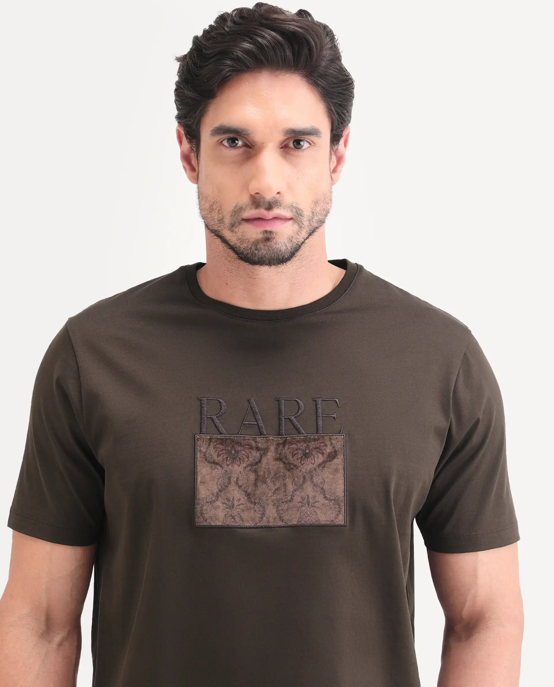 Rare Rabbit Men's Deb Dark Brown Cotton Fabric Half Sleeve Crew Neck Regular Fit Graphic Print T-Shirt - Image 6