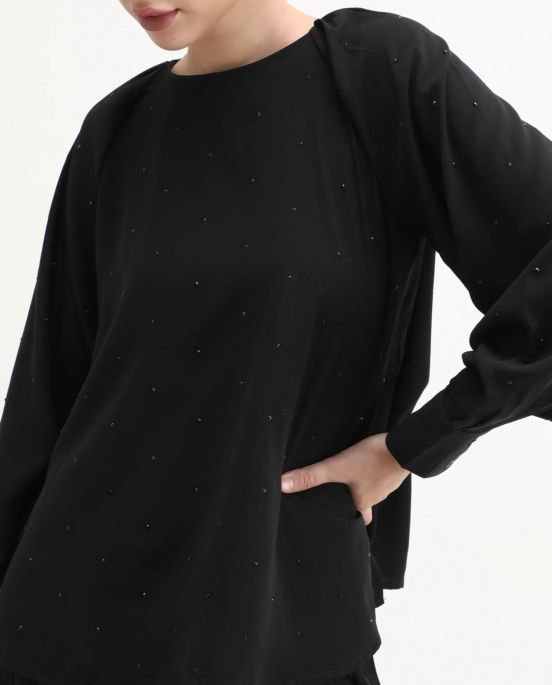 Rareism Women's Debie Black Satin High Neck Plain Cuffed Sleeve Boxy Fit Top - Image 3