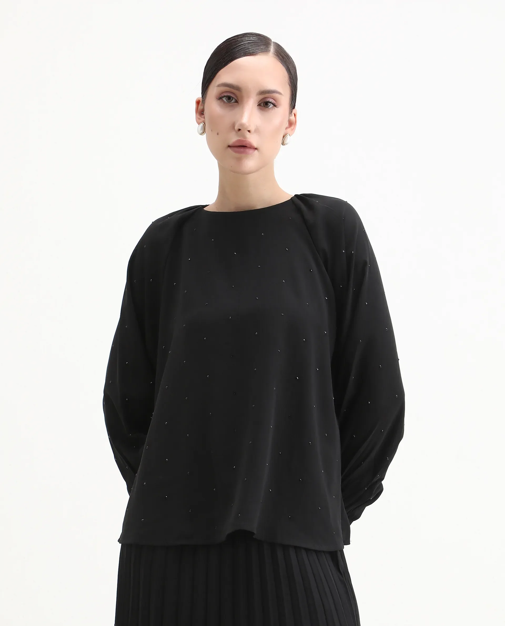 Rareism Women's Debie Black Satin High Neck Plain Cuffed Sleeve Boxy Fit Top - Image 4