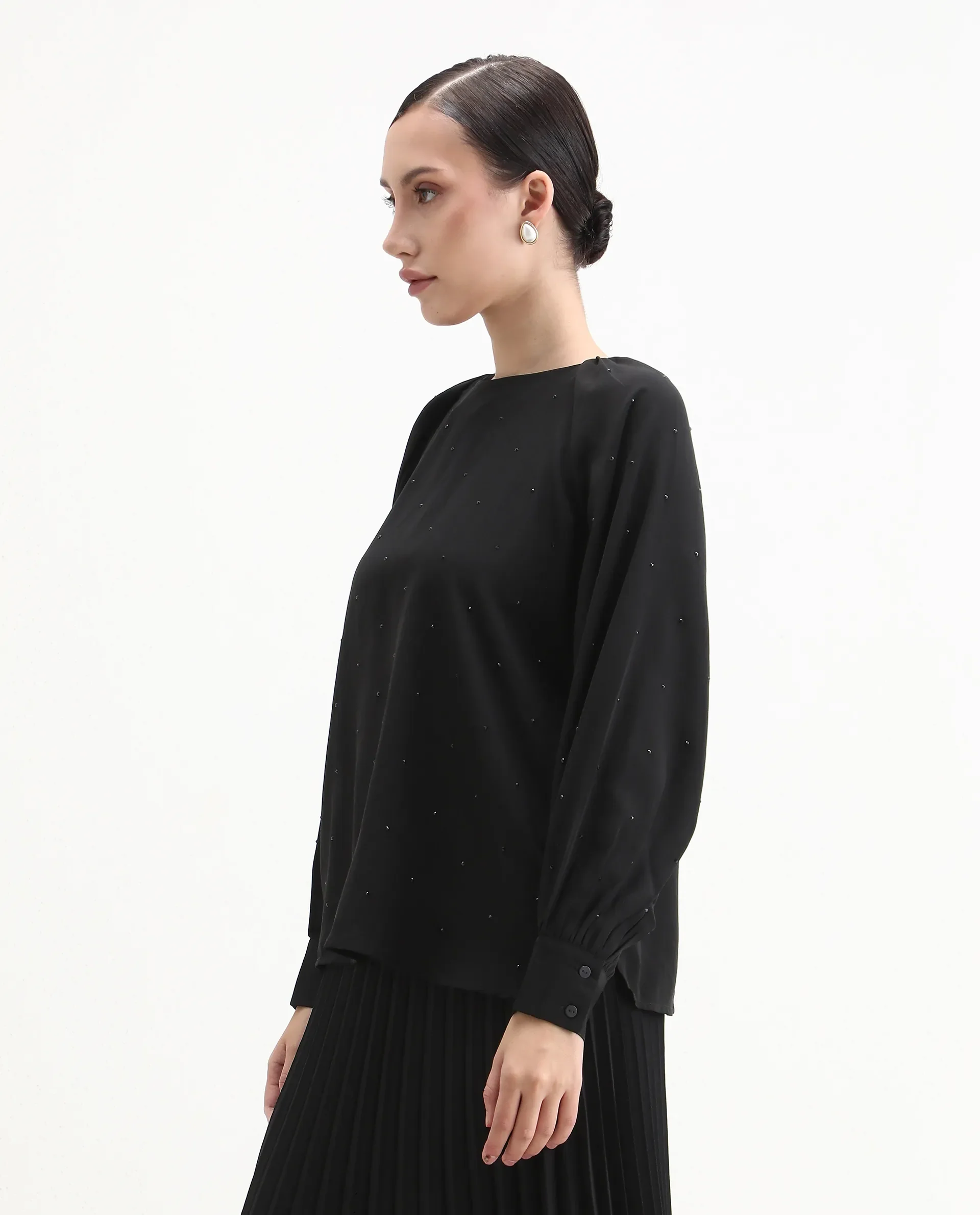 Rareism Women's Debie Black Satin High Neck Plain Cuffed Sleeve Boxy Fit Top - Image 5