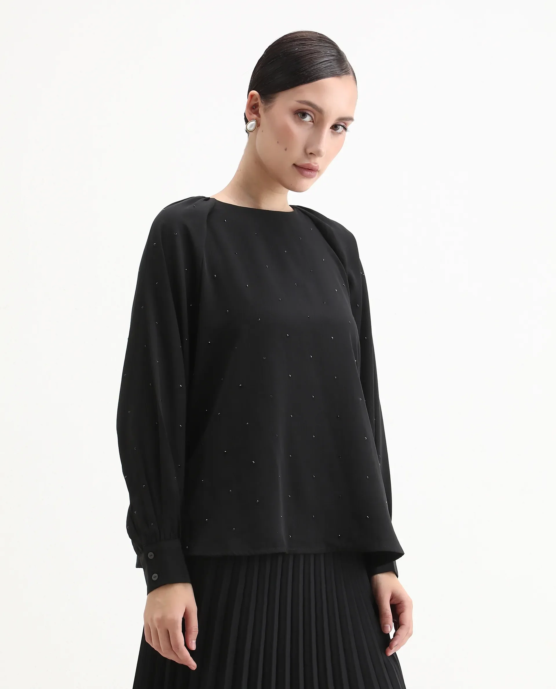 Rareism Women's Debie Black Satin High Neck Plain Cuffed Sleeve Boxy Fit Top - Image 6