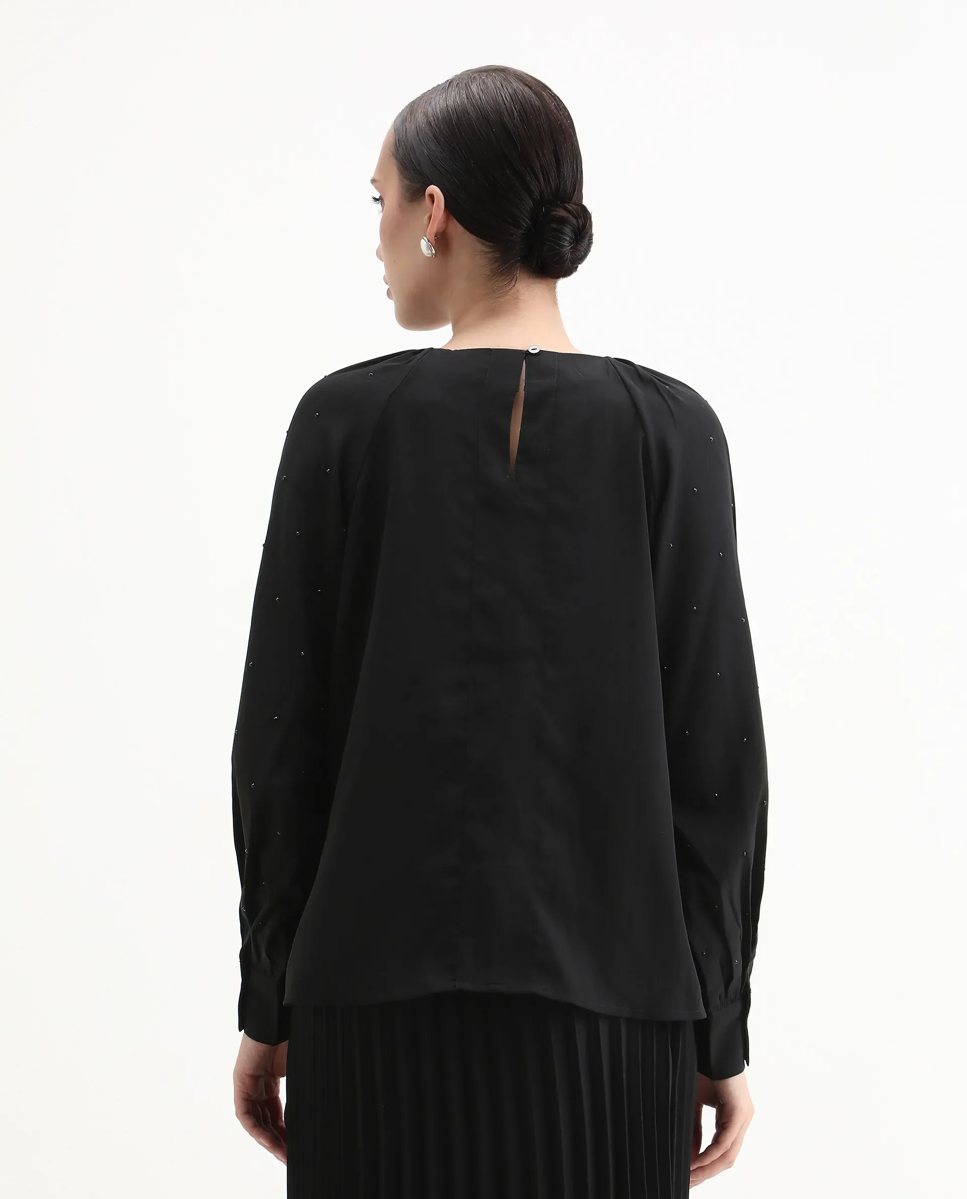 Rareism Women's Debie Black Satin High Neck Plain Cuffed Sleeve Boxy Fit Top - Image 7
