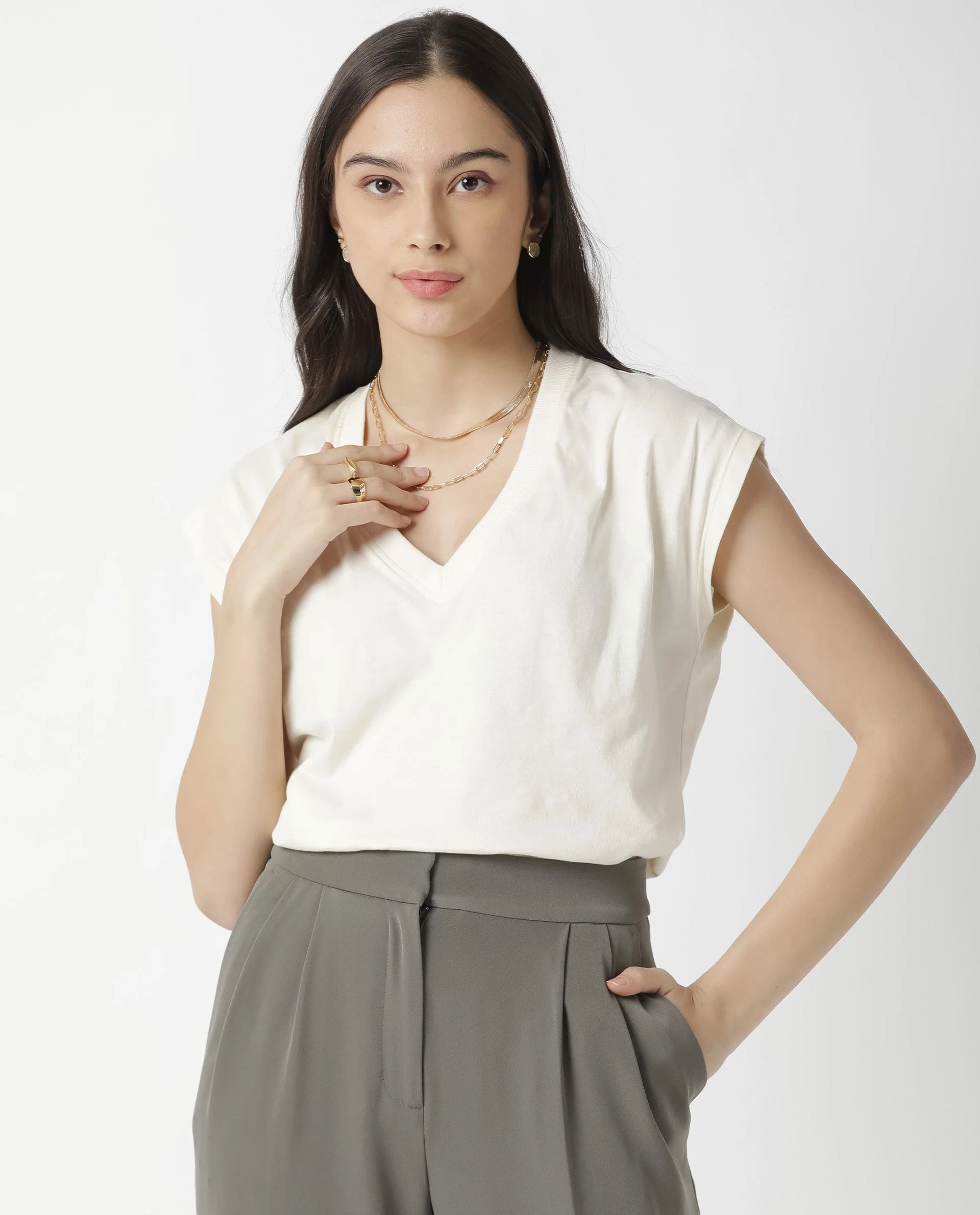 Rareism Women's Debra Offwhite Cotton Crew Neck Plain Regular Fit T-Shirt - Image 2