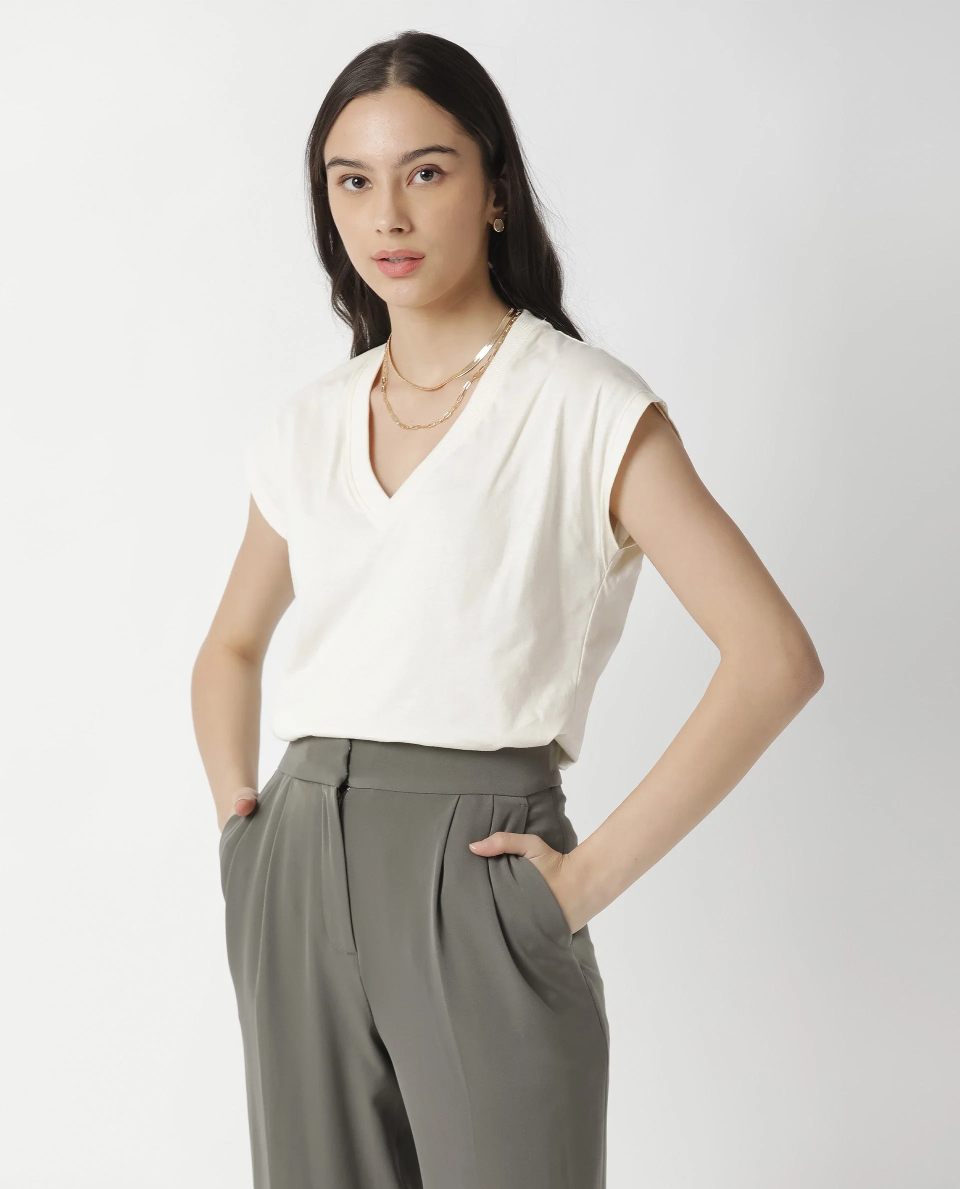 Rareism Women's Debra Offwhite Cotton Crew Neck Plain Regular Fit T-Shirt - Image 7