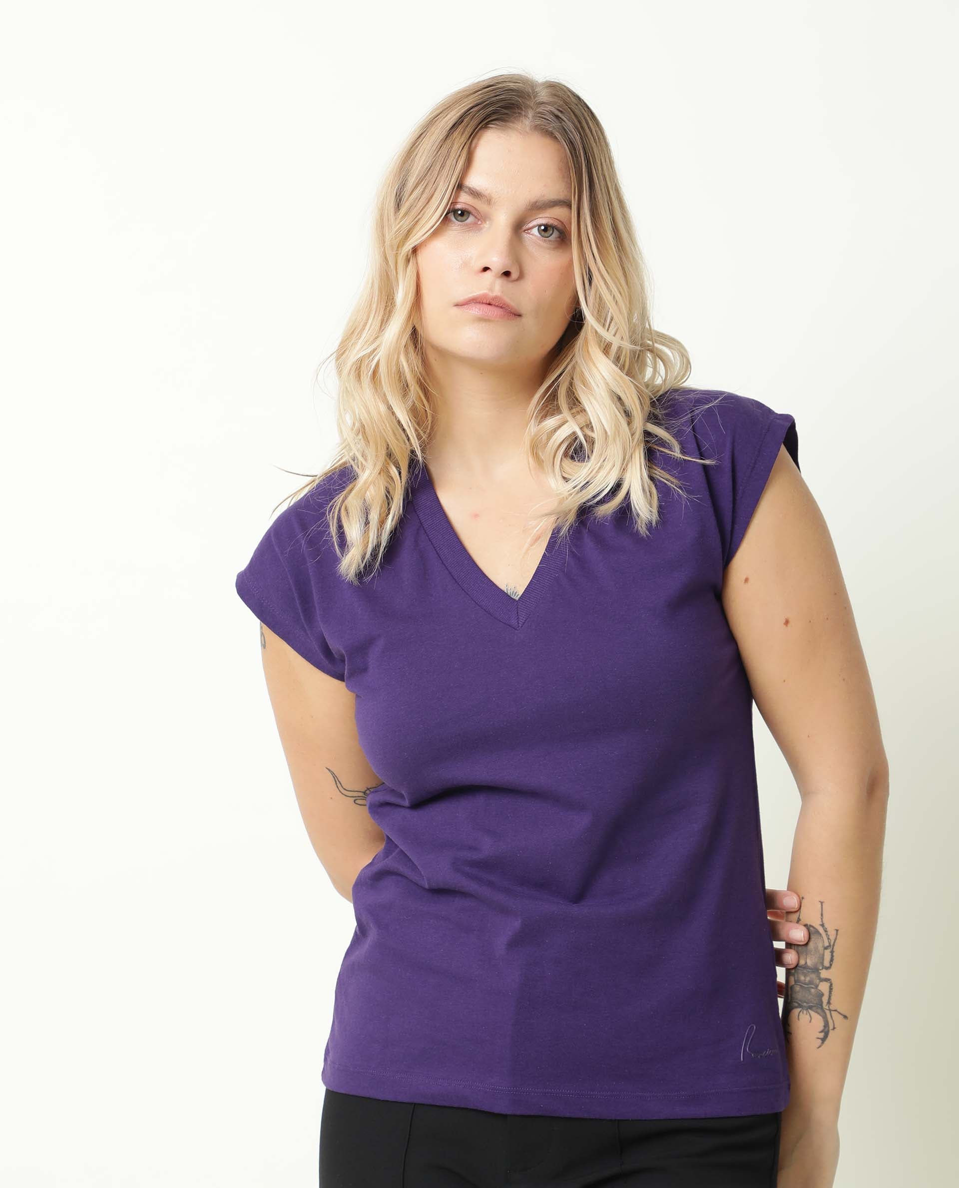 Rareism Women's Debra Purple Cotton Crew Neck Plain Regular Fit T-Shirt - Image 5