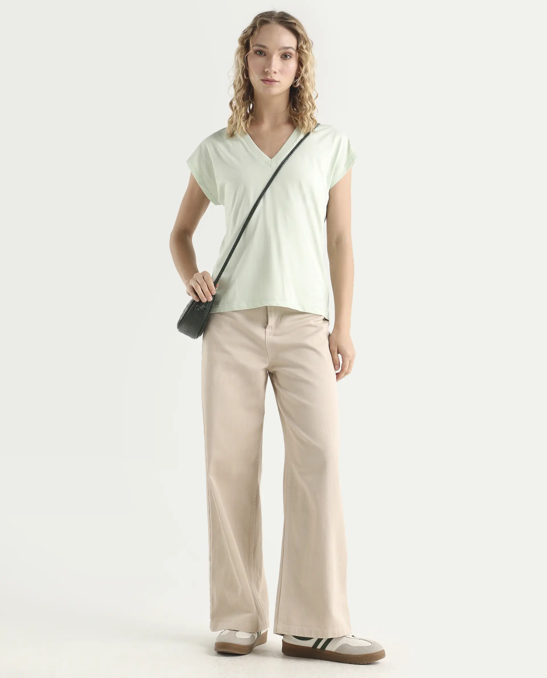 Rareism Women's Debra Green Cotton Crew Neck Plain Regular Fit T-Shirt - Image 2