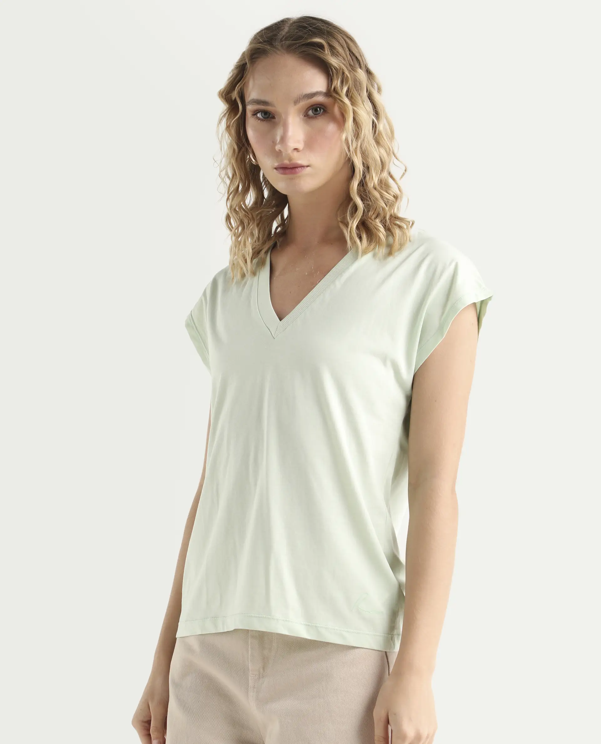 Rareism Women's Debra Green Cotton Crew Neck Plain Regular Fit T-Shirt - Image 3