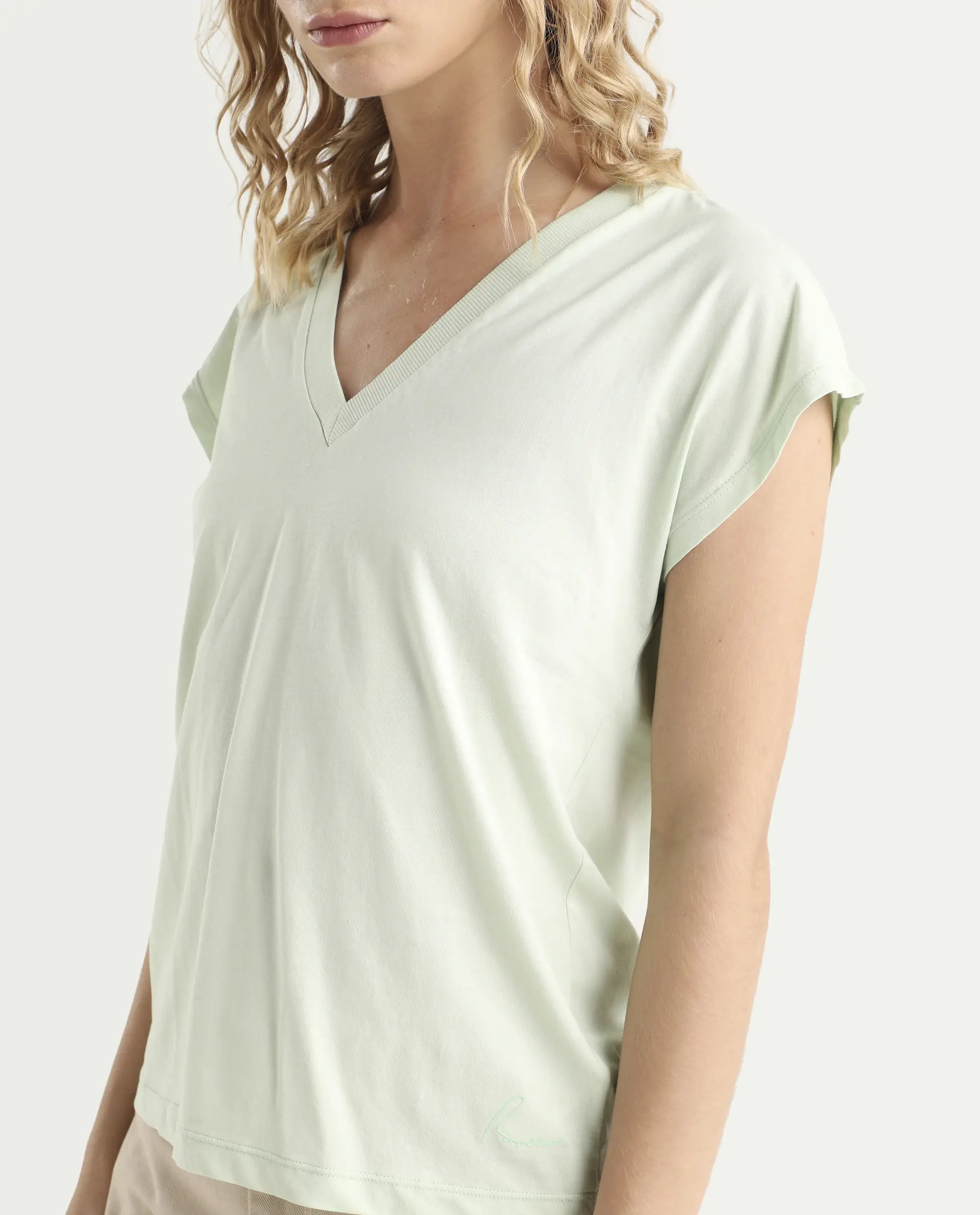 Rareism Women's Debra Green Cotton Crew Neck Plain Regular Fit T-Shirt - Image 4