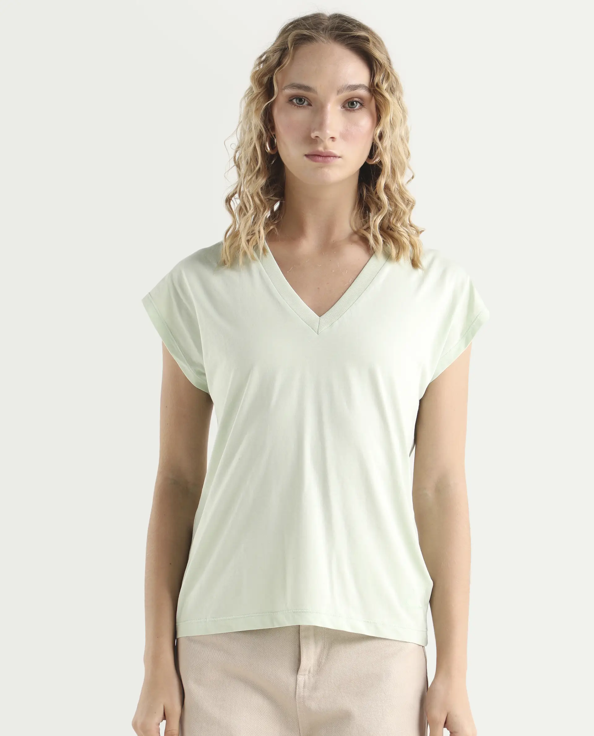 Rareism Women's Debra Green Cotton Crew Neck Plain Regular Fit T-Shirt - Image 5
