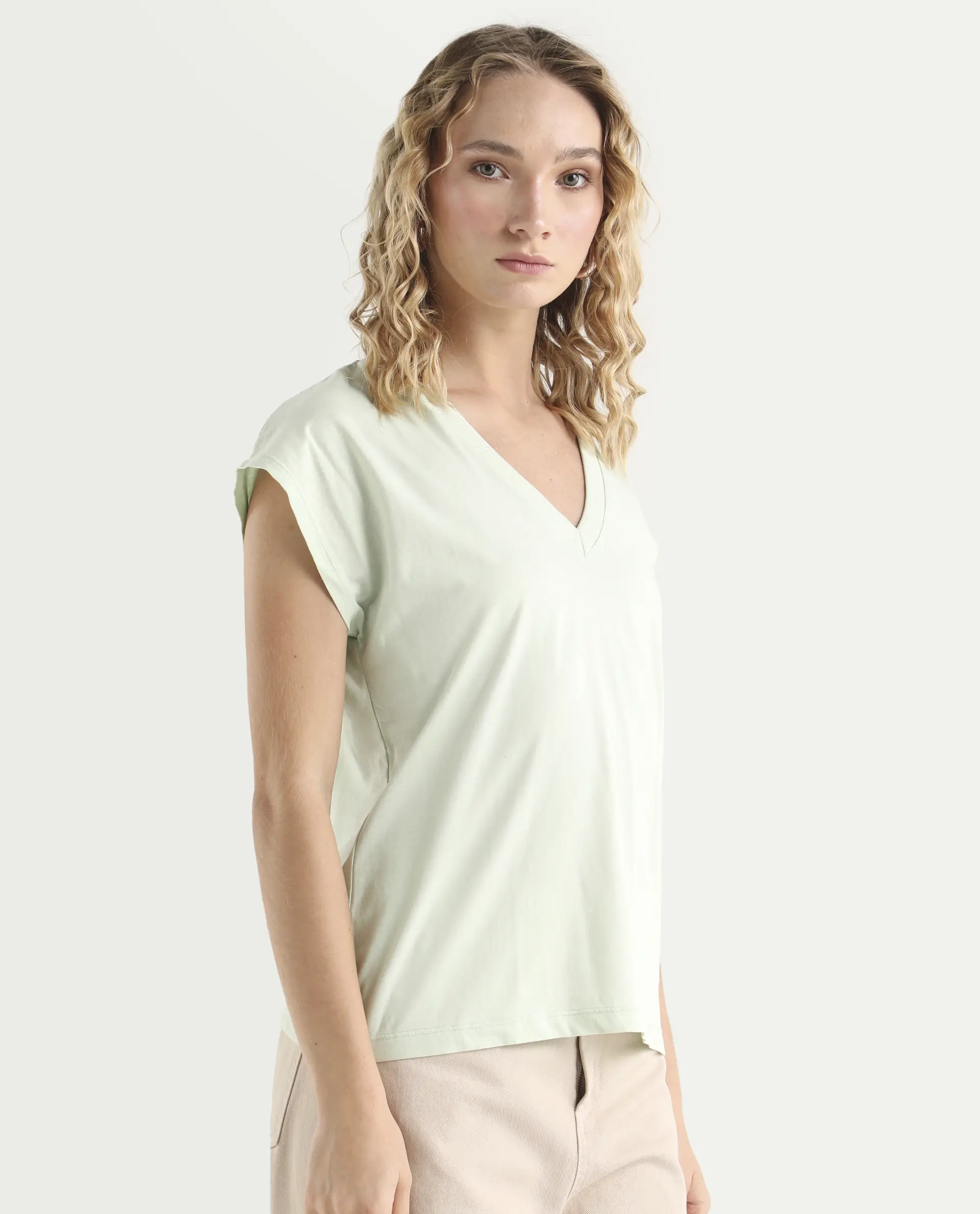 Rareism Women's Debra Green Cotton Crew Neck Plain Regular Fit T-Shirt - Image 6