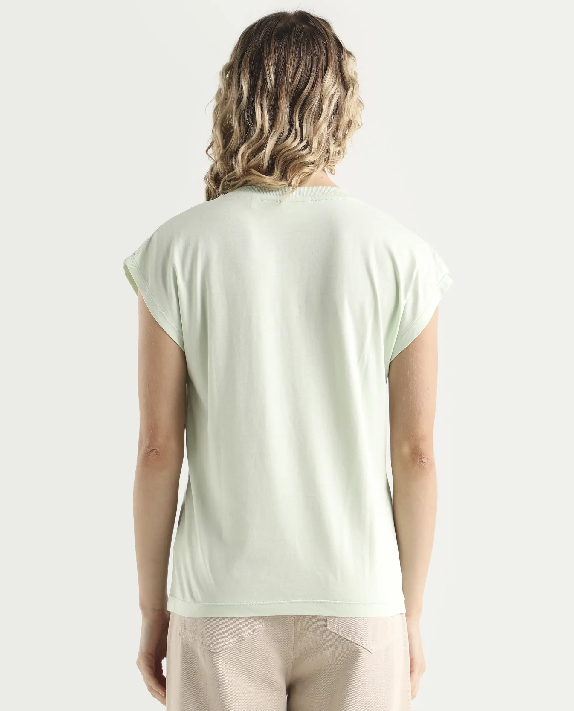 Rareism Women's Debra Green Cotton Crew Neck Plain Regular Fit T-Shirt - Image 7