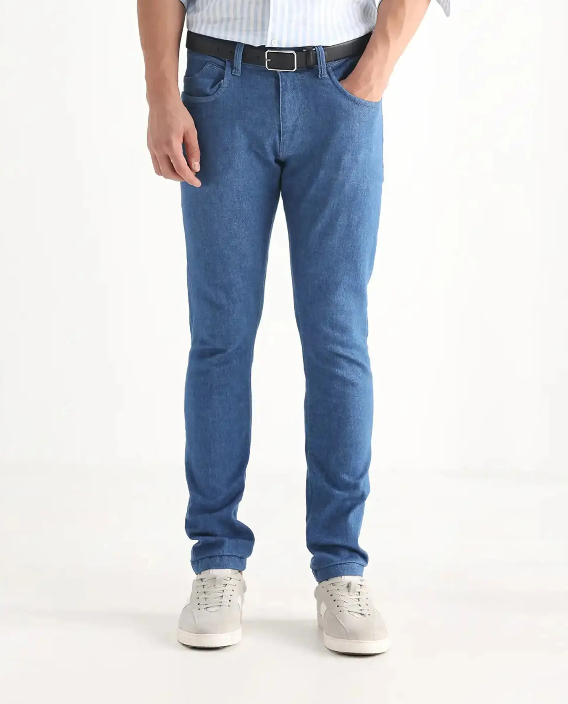Rare Rabbit Men's Decca Blue Cotton Plain Hawk Slim Fit Jeans - Image 10