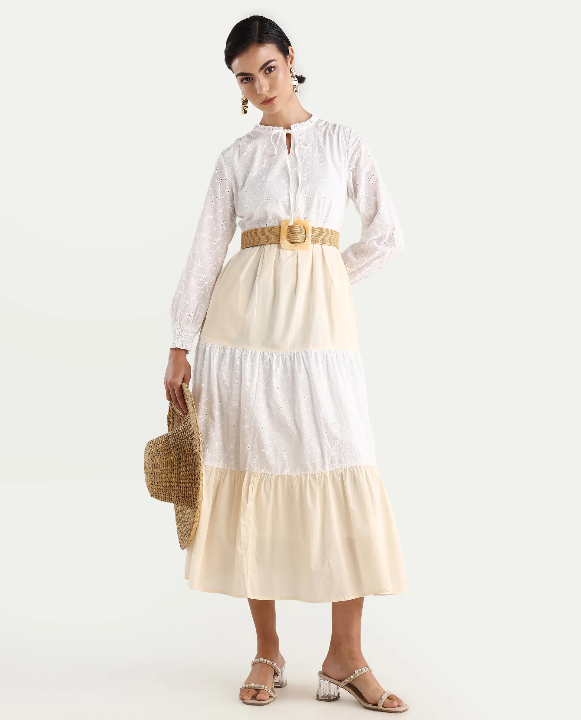 Rareism Women's Deccan Beige Cotton Sweetheart Neck Plain Bishop Sleeve Maxi Tiered Dress - Image 2