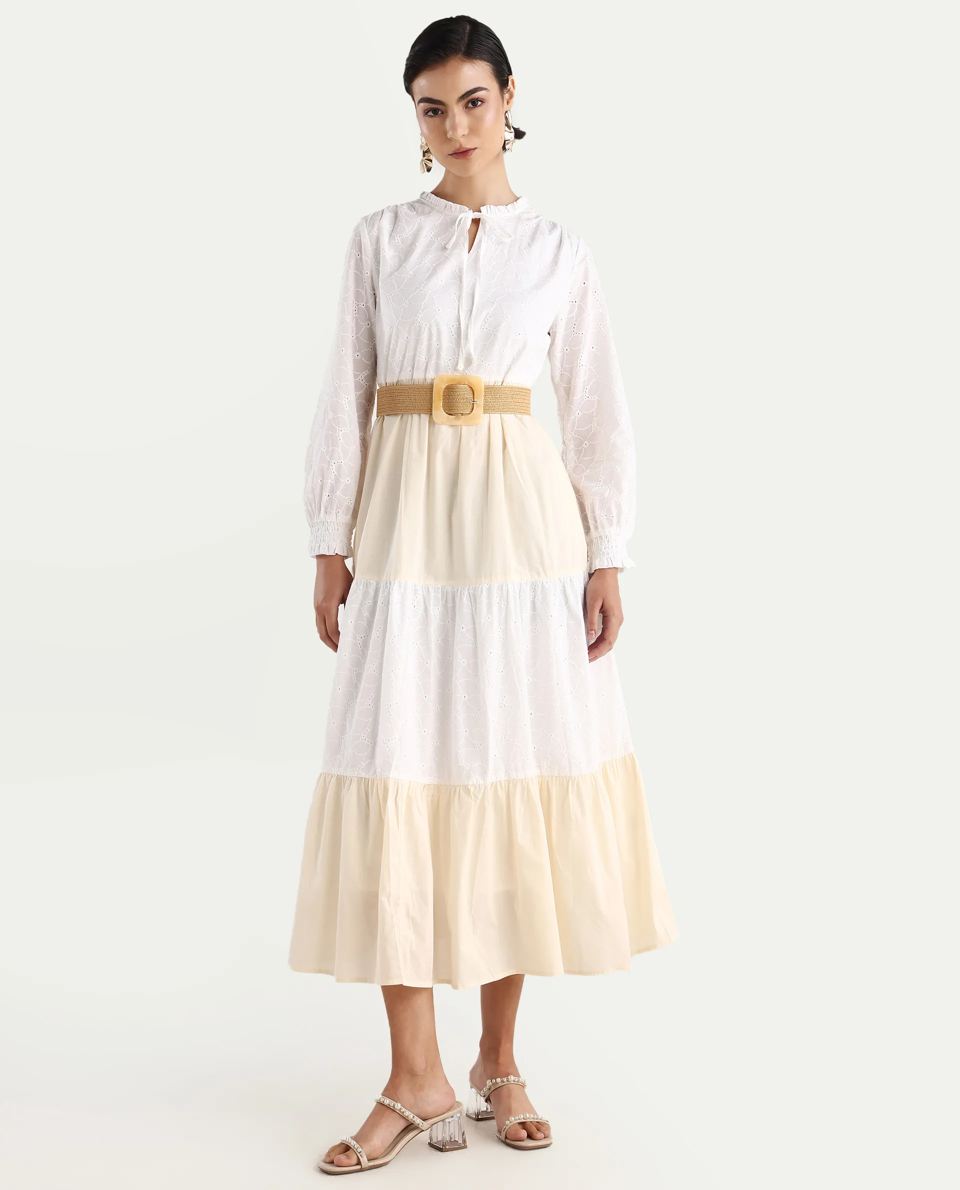 Rareism Women's Deccan Beige Cotton Sweetheart Neck Plain Bishop Sleeve Maxi Tiered Dress - Image 3