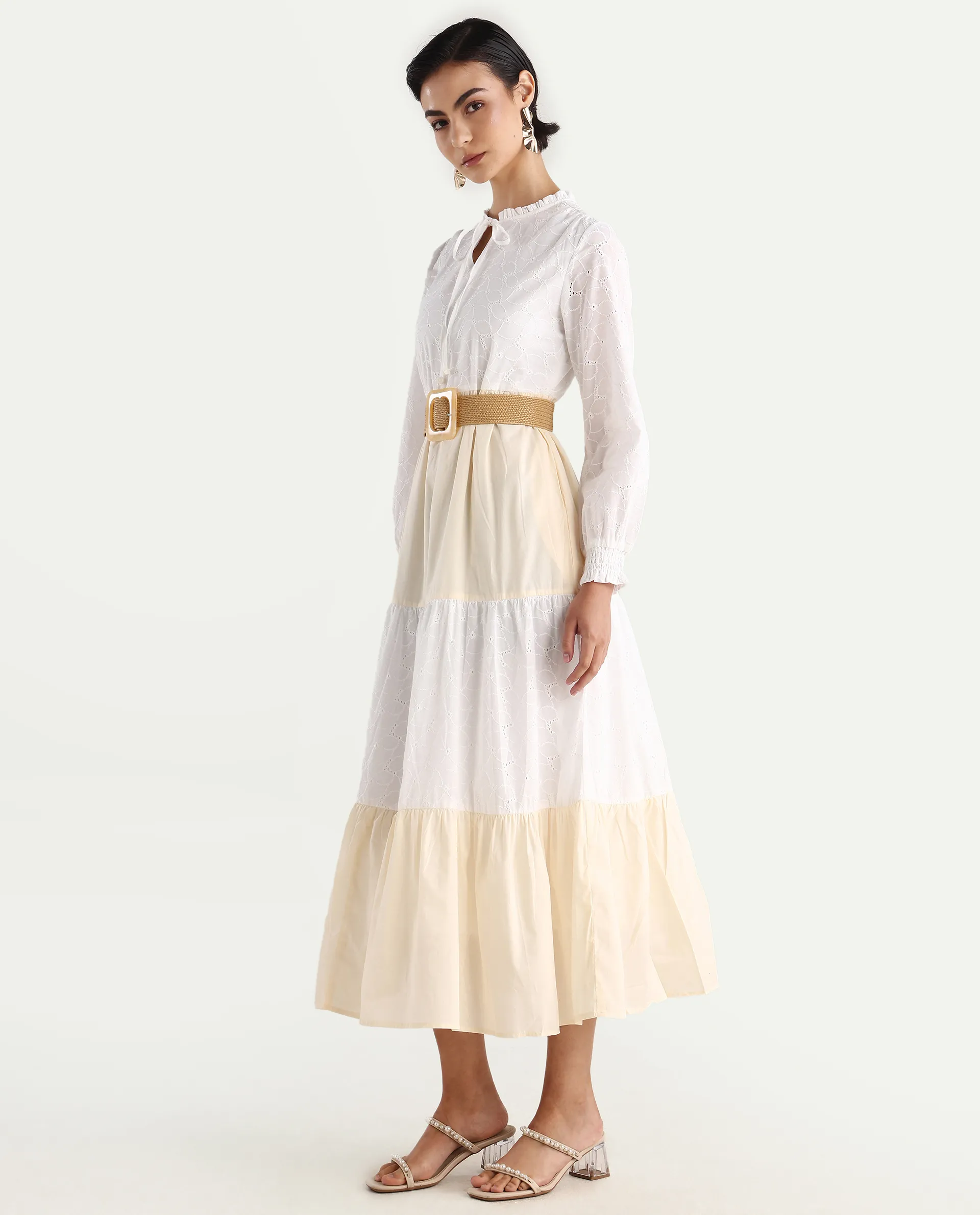 Rareism Women's Deccan Beige Cotton Sweetheart Neck Plain Bishop Sleeve Maxi Tiered Dress - Image 6