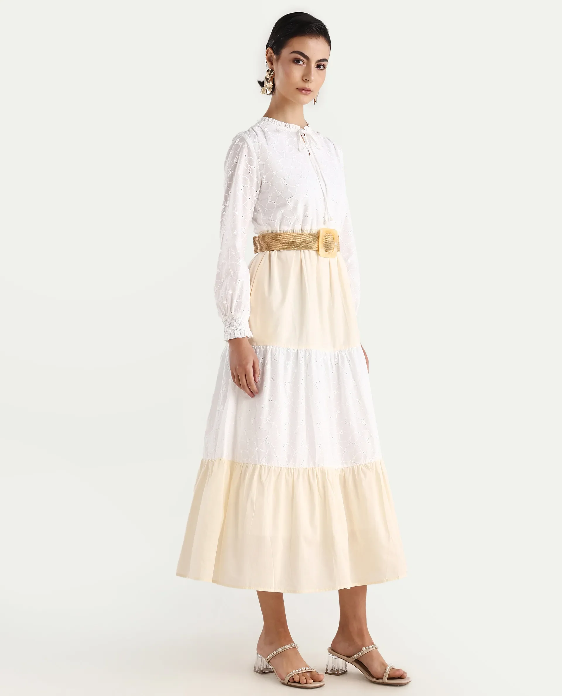 Rareism Women's Deccan Beige Cotton Sweetheart Neck Plain Bishop Sleeve Maxi Tiered Dress - Image 7