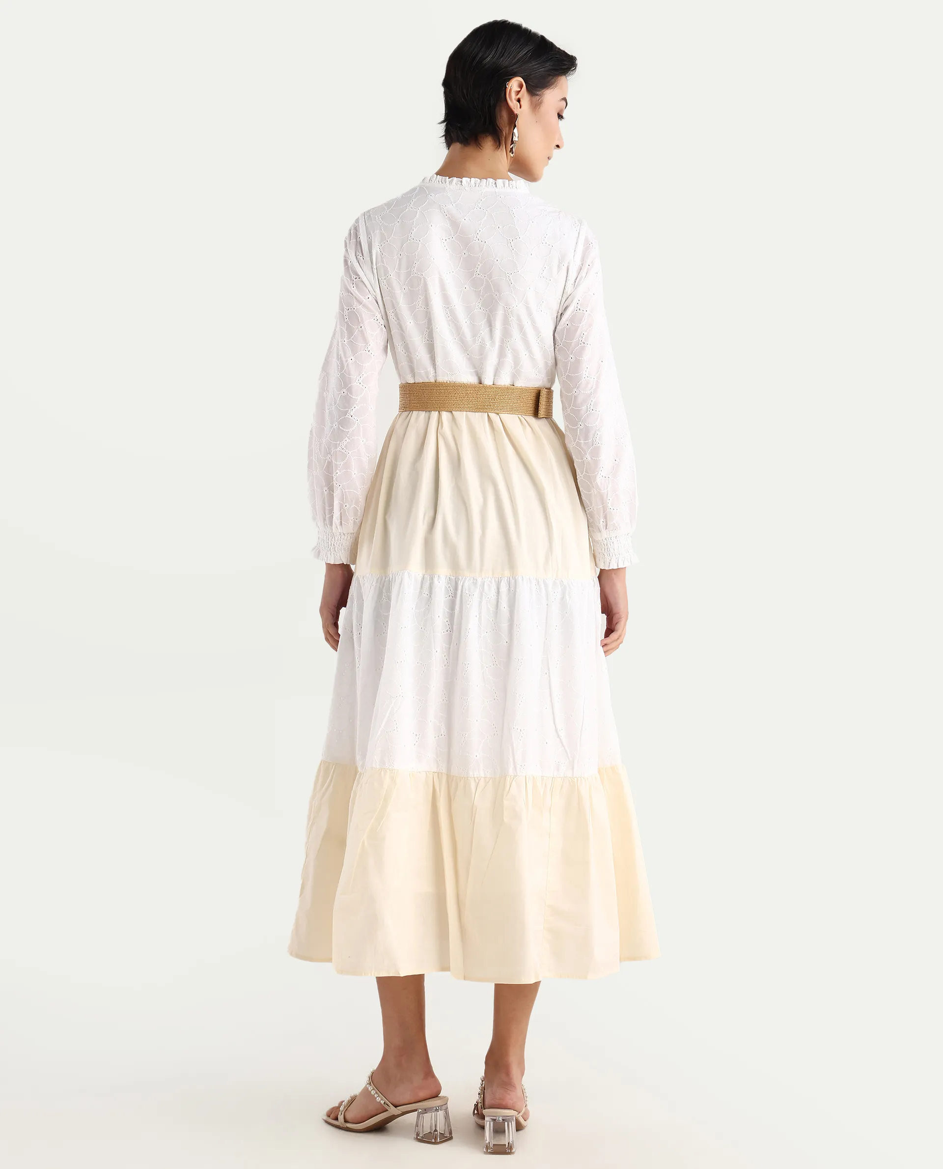 Rareism Women's Deccan Beige Cotton Sweetheart Neck Plain Bishop Sleeve Maxi Tiered Dress - Image 8