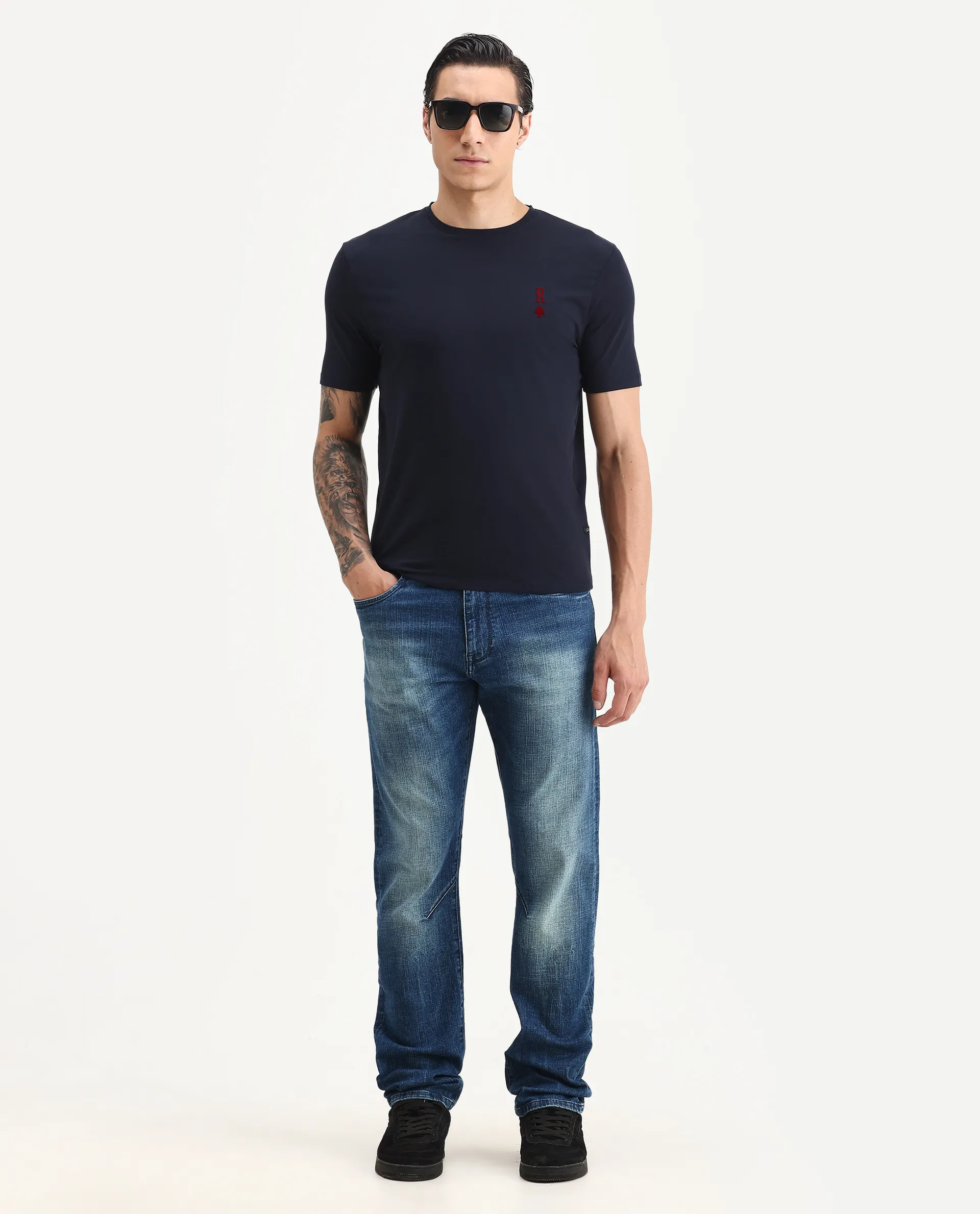 Rare Rabbit Men's Deck Navy Cotton Blend Flock Print Regular Fit Half Sleeve Crew Neck T-Shirt - Image 2