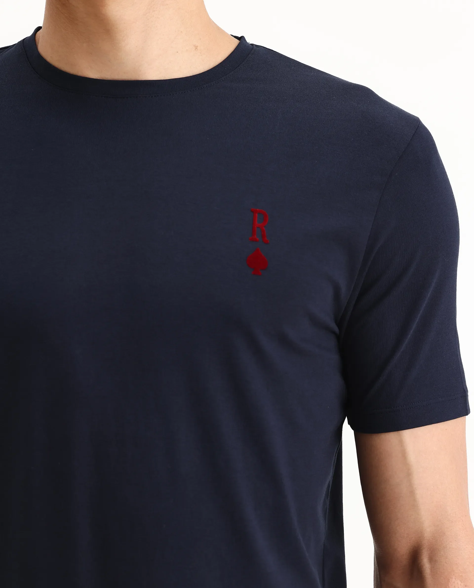 Rare Rabbit Men's Deck Navy Cotton Blend Flock Print Regular Fit Half Sleeve Crew Neck T-Shirt - Image 3