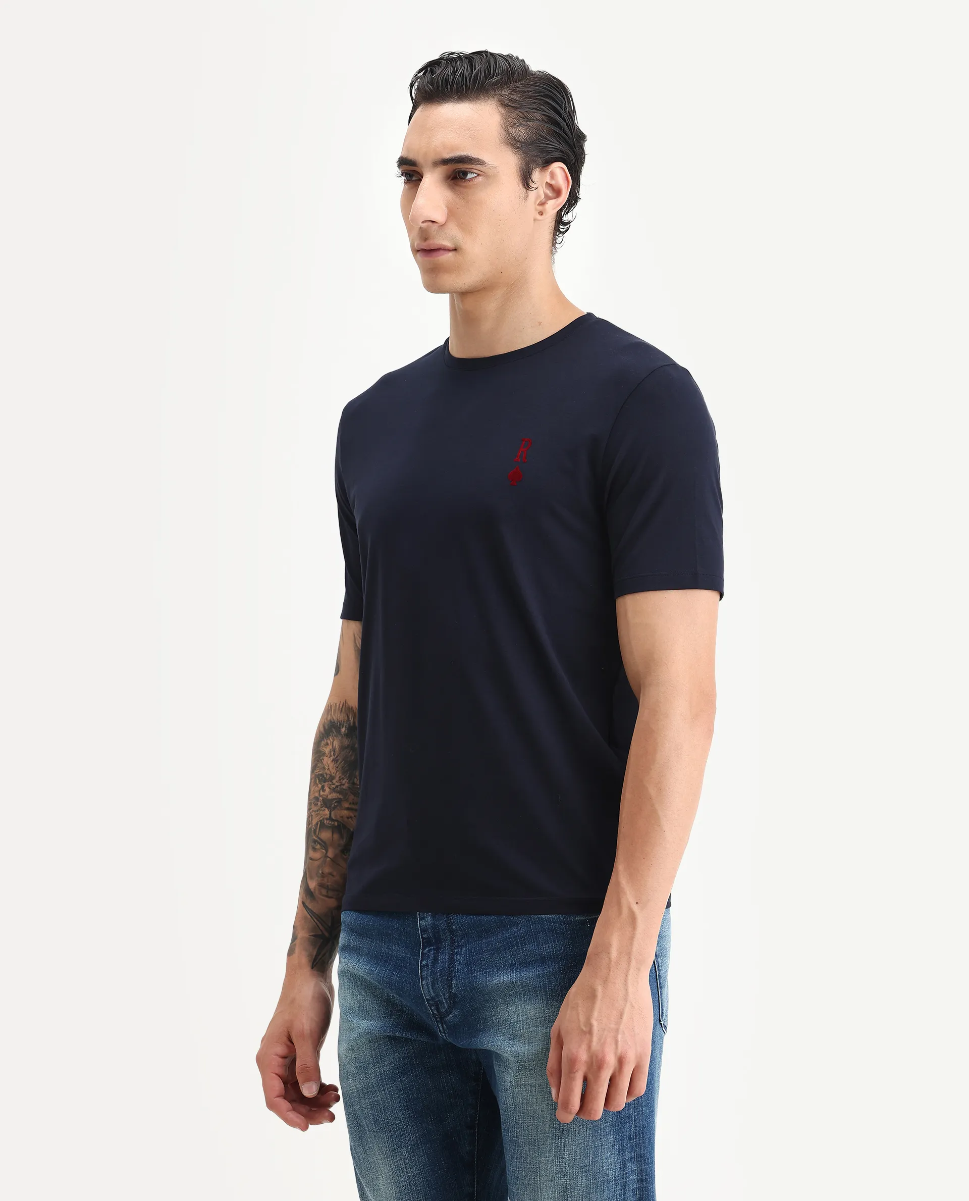 Rare Rabbit Men's Deck Navy Cotton Blend Flock Print Regular Fit Half Sleeve Crew Neck T-Shirt - Image 4