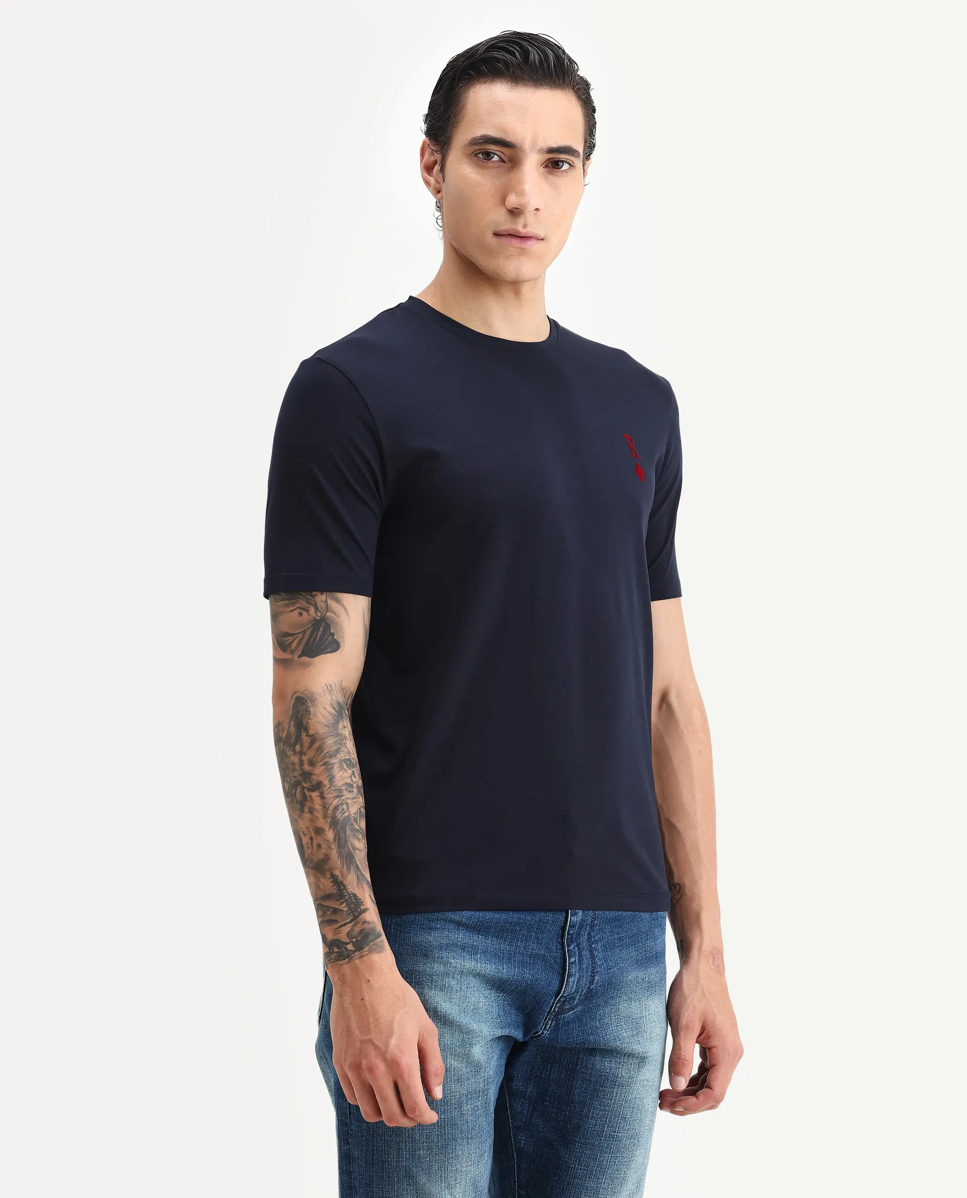 Rare Rabbit Men's Deck Navy Cotton Blend Flock Print Regular Fit Half Sleeve Crew Neck T-Shirt - Image 5
