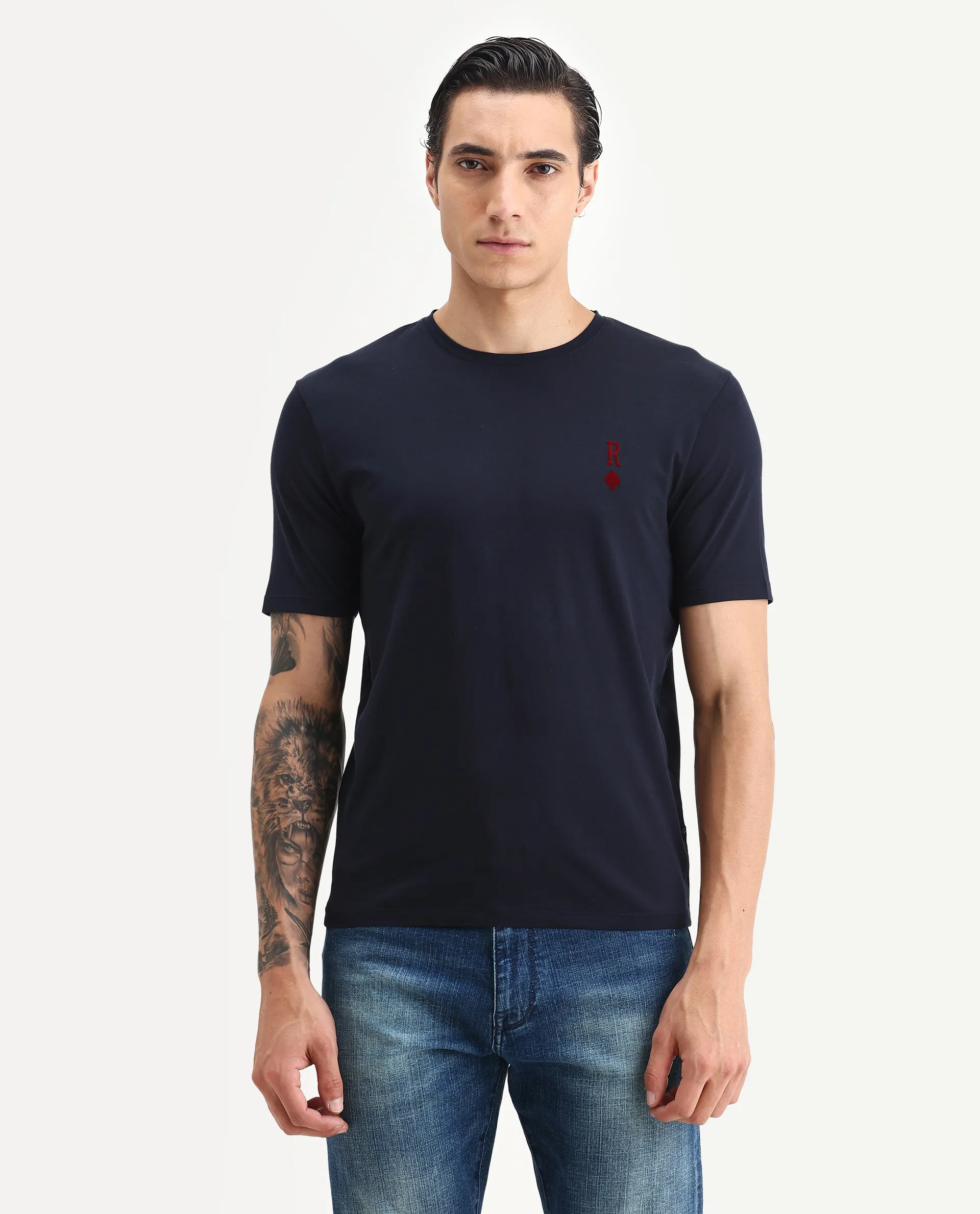 Rare Rabbit Men's Deck Navy Cotton Blend Flock Print Regular Fit Half Sleeve Crew Neck T-Shirt - Image 6