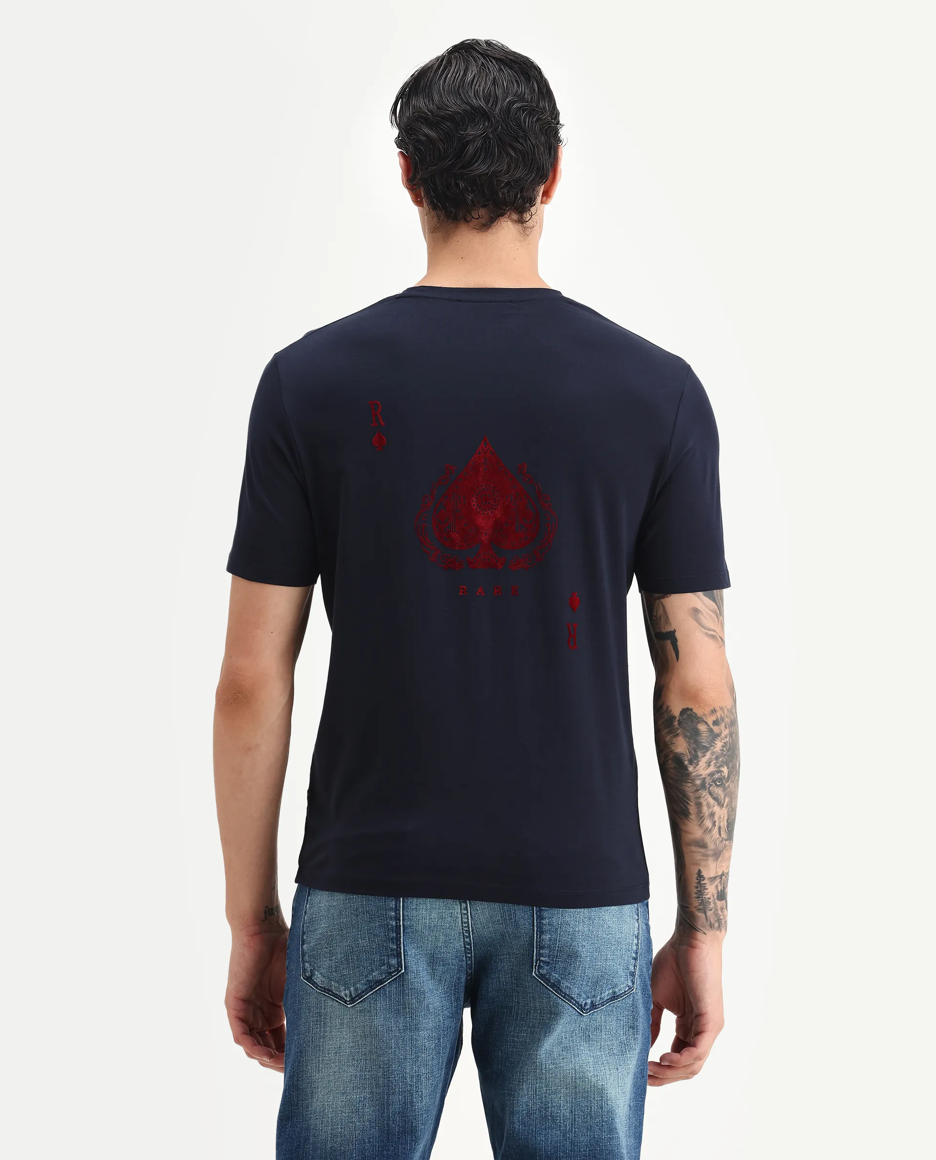 Rare Rabbit Men's Deck Navy Cotton Blend Flock Print Regular Fit Half Sleeve Crew Neck T-Shirt - Image 7