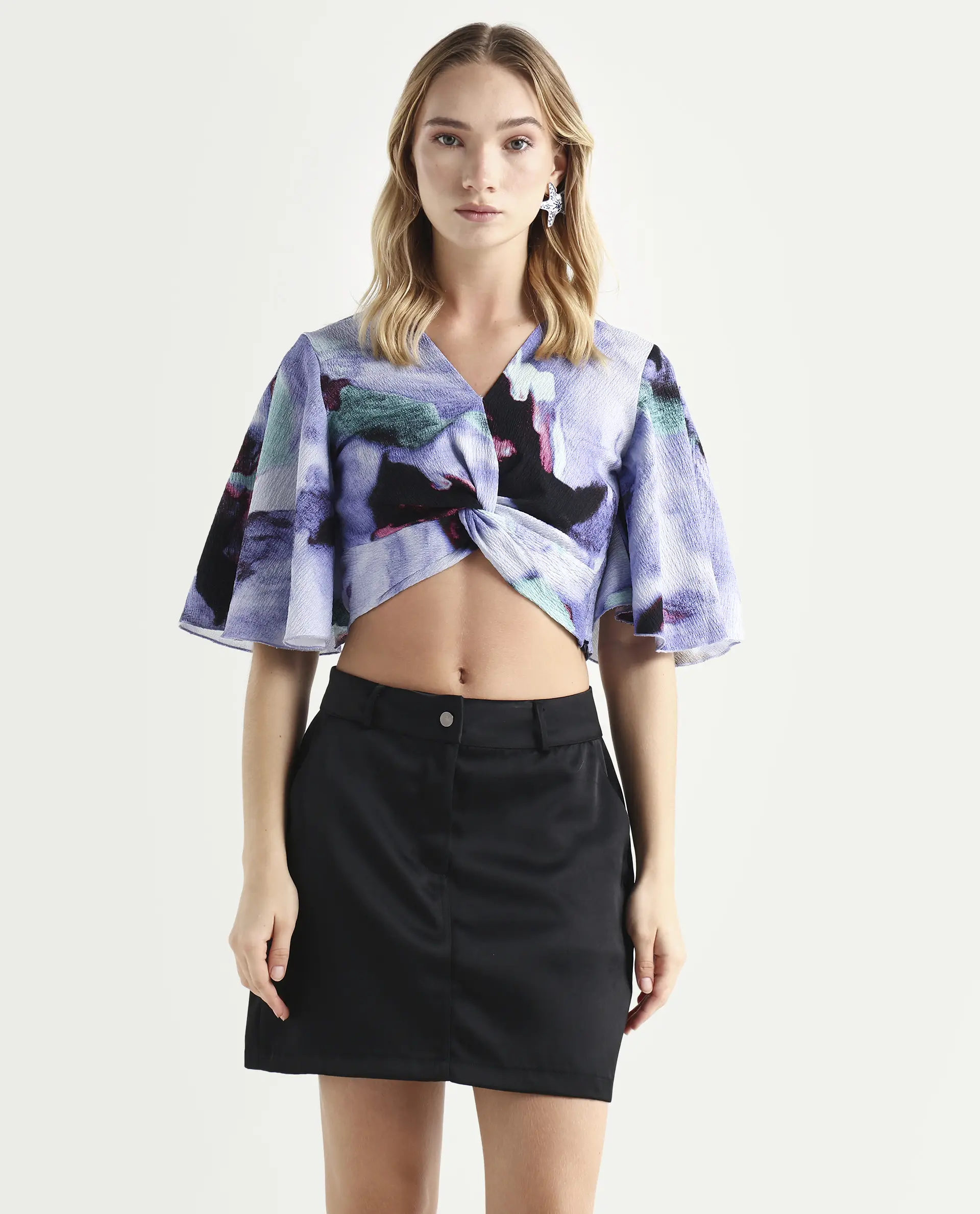Rareism Women's Declan Purple Polyester Blend V-Neck Abstract Print Flared Sleeve Crop Regular Fit Top - Image 3