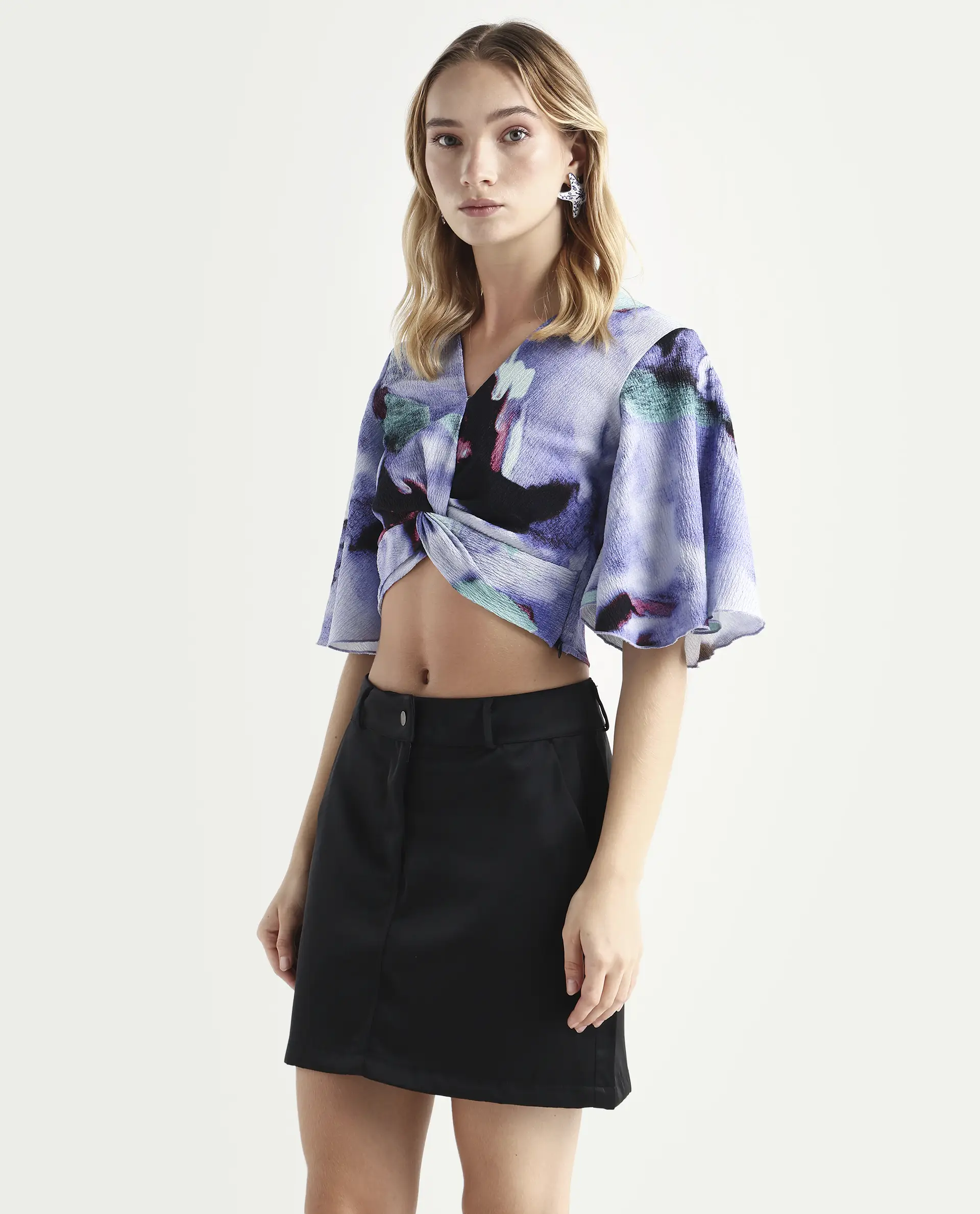 Rareism Women's Declan Purple Polyester Blend V-Neck Abstract Print Flared Sleeve Crop Regular Fit Top - Image 5