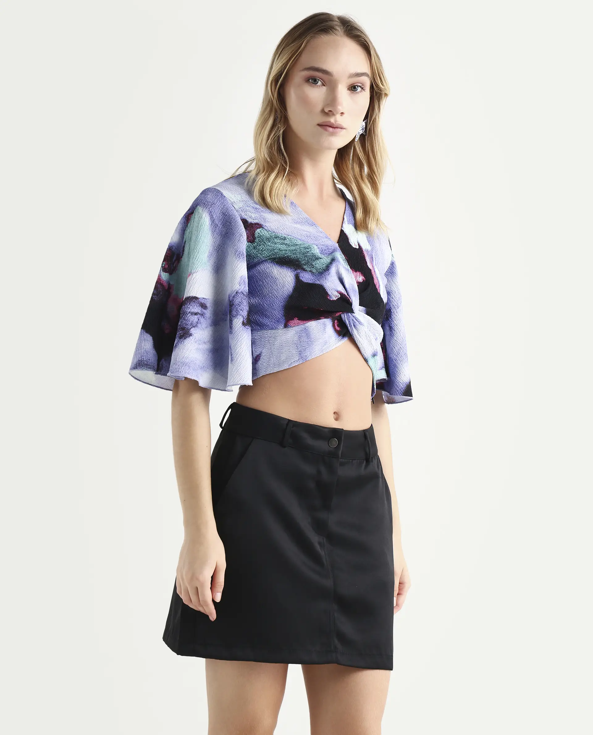 Rareism Women's Declan Purple Polyester Blend V-Neck Abstract Print Flared Sleeve Crop Regular Fit Top - Image 6