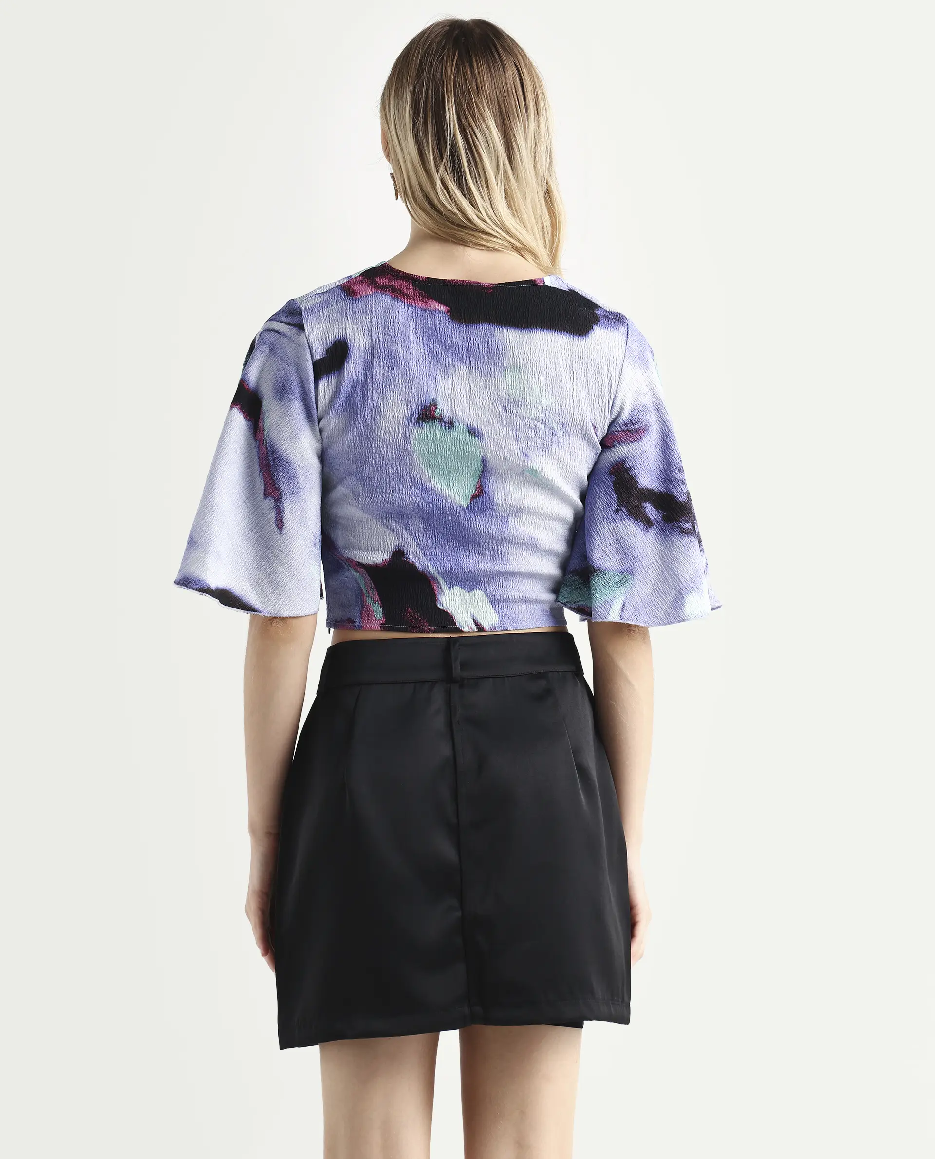 Rareism Women's Declan Purple Polyester Blend V-Neck Abstract Print Flared Sleeve Crop Regular Fit Top - Image 7