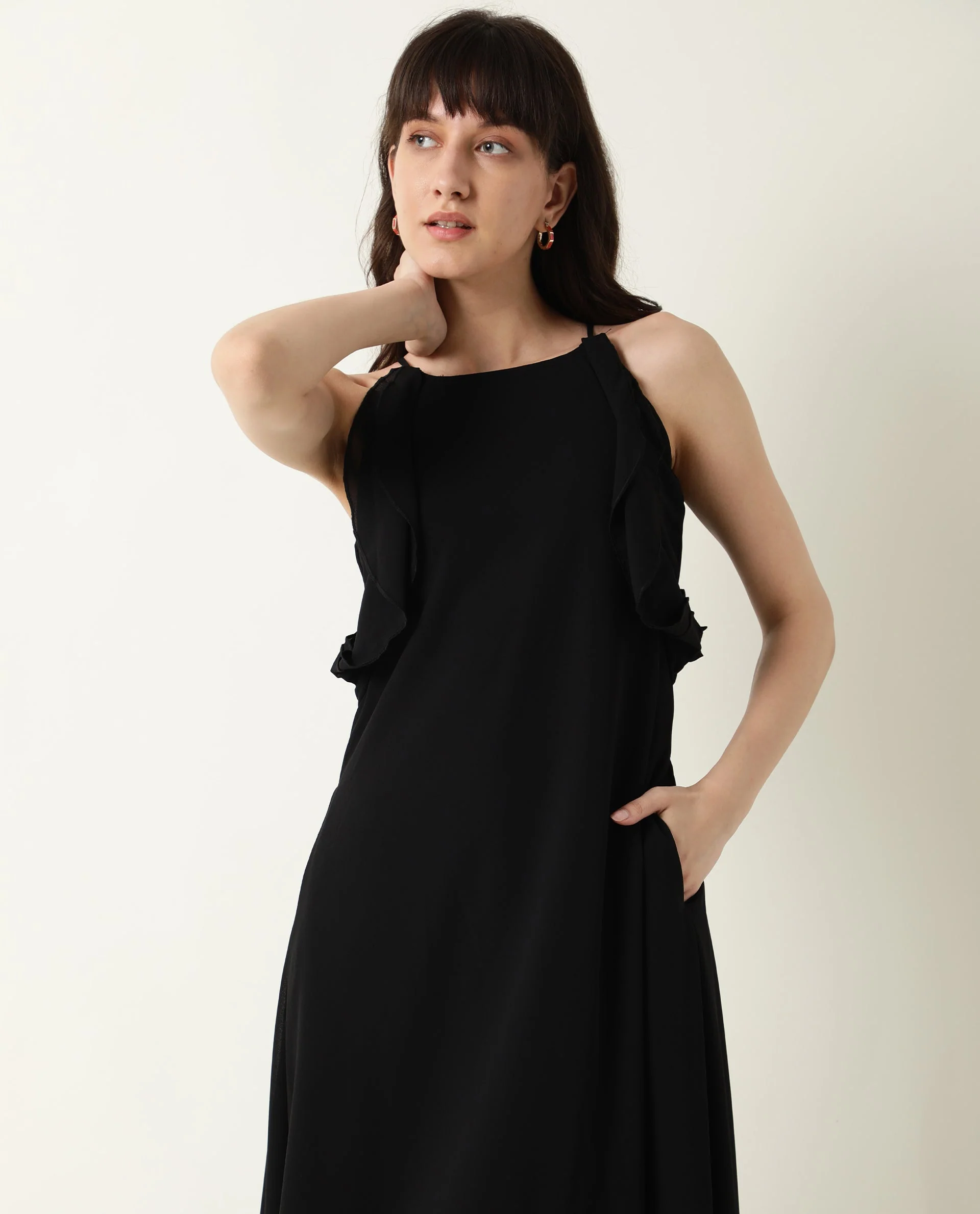 Rareism Women Decora Black Round Neck Spaghetti Shoulder Straps With Ruffles And Pockets Maxi Dress - Image 2