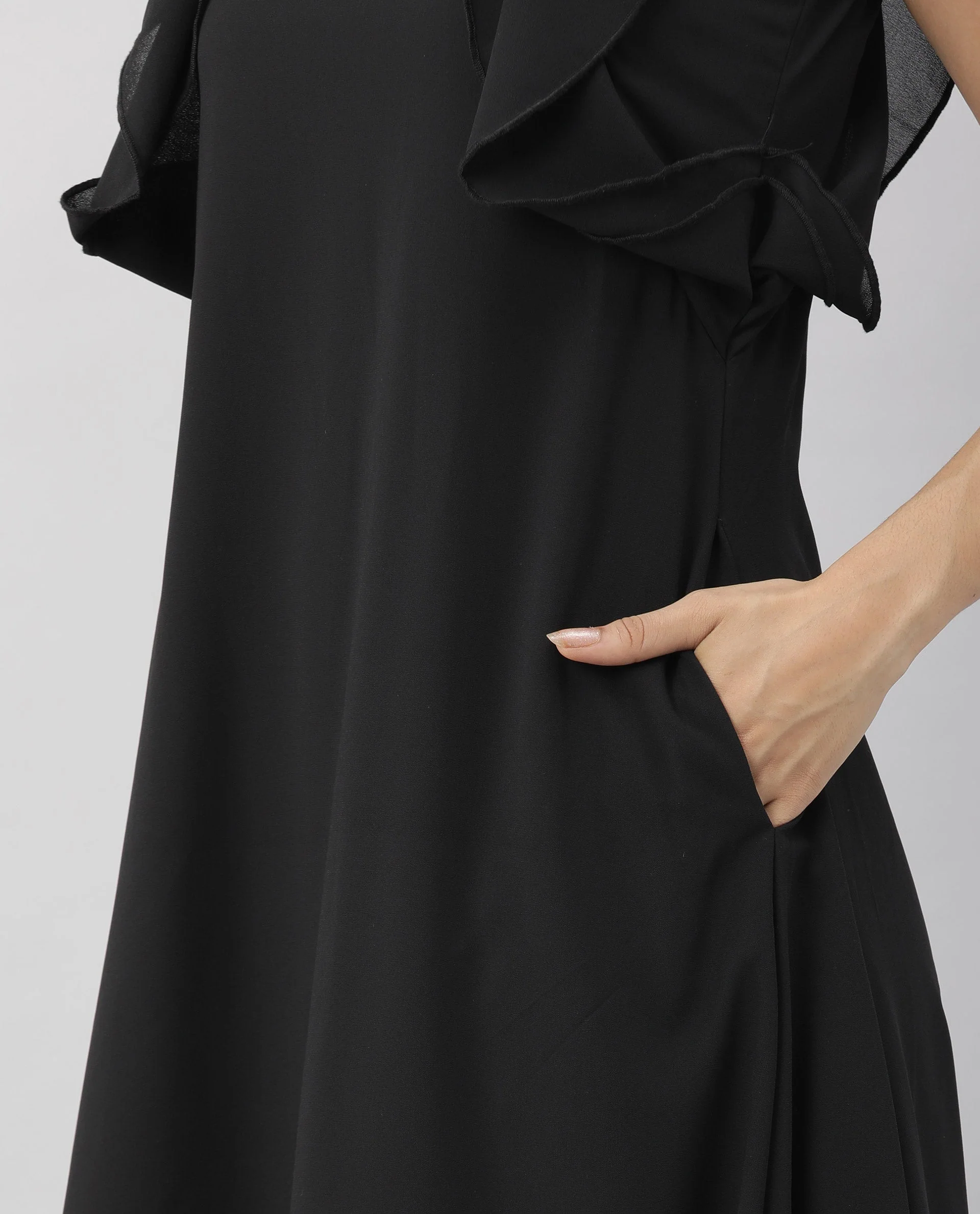 Rareism Women Decora Black Round Neck Spaghetti Shoulder Straps With Ruffles And Pockets Maxi Dress - Image 3