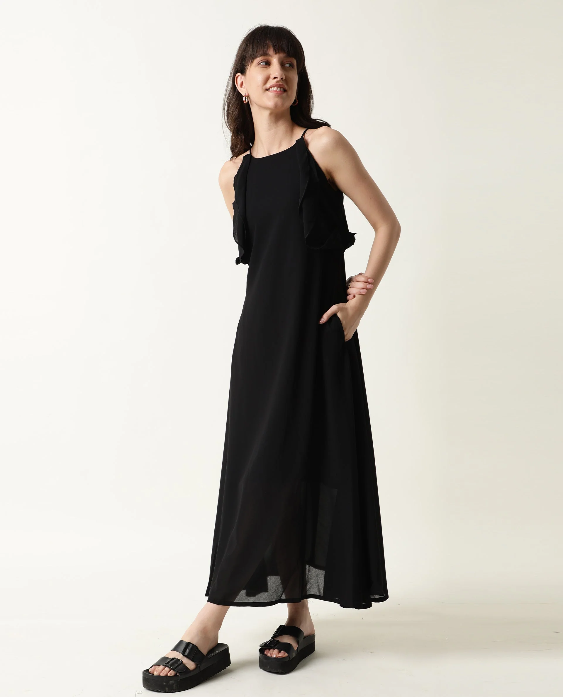 Rareism Women Decora Black Round Neck Spaghetti Shoulder Straps With Ruffles And Pockets Maxi Dress - Image 4