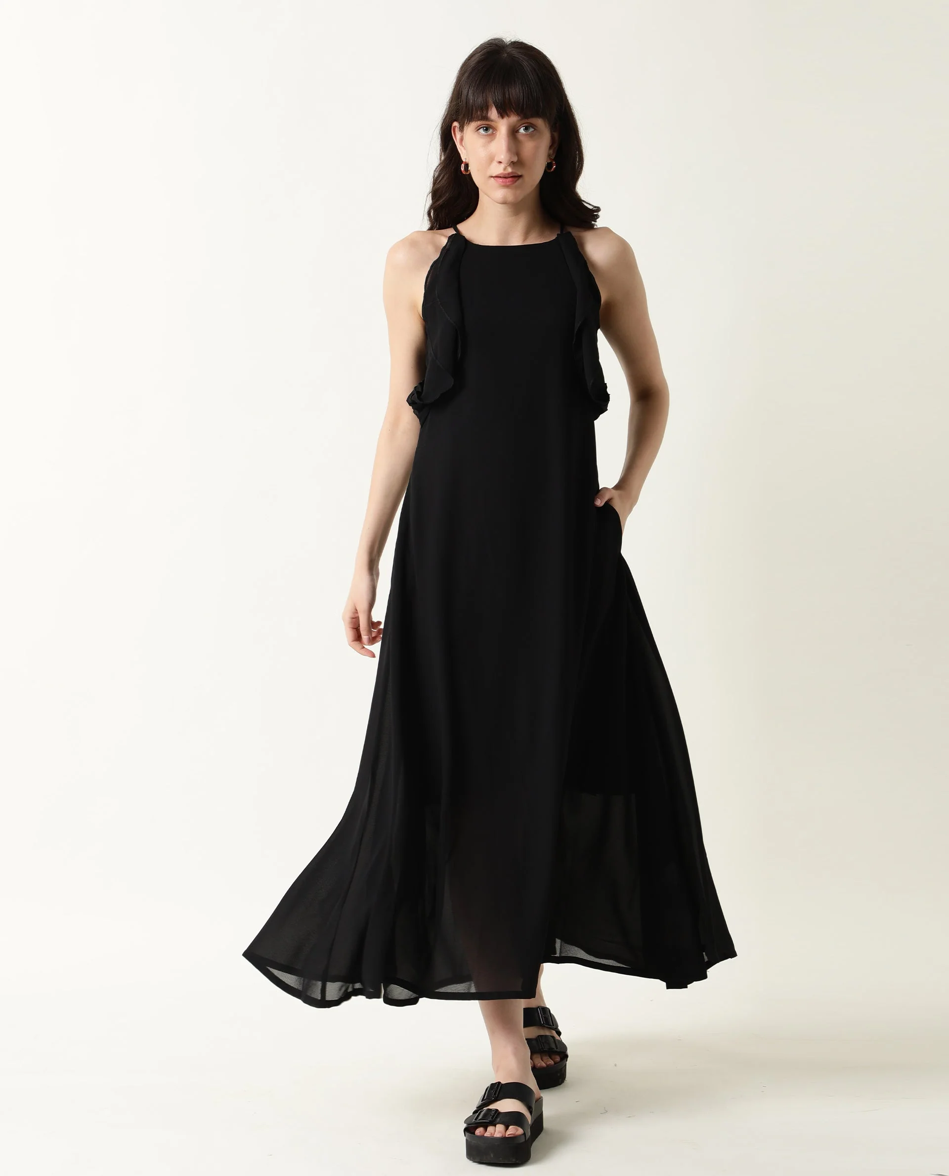 Rareism Women Decora Black Round Neck Spaghetti Shoulder Straps With Ruffles And Pockets Maxi Dress - Image 5