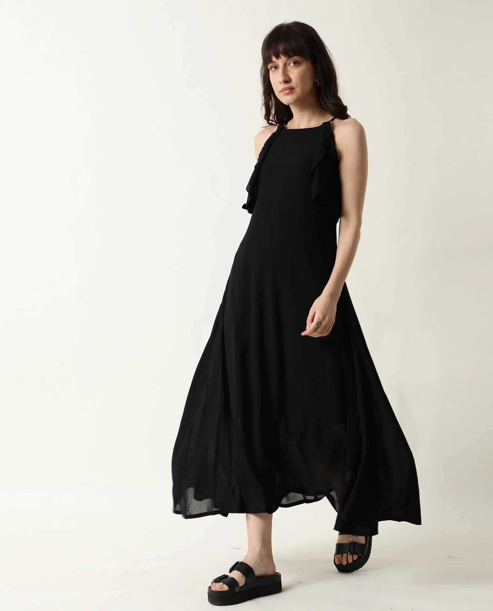 Rareism Women Decora Black Round Neck Spaghetti Shoulder Straps With Ruffles And Pockets Maxi Dress - Image 6