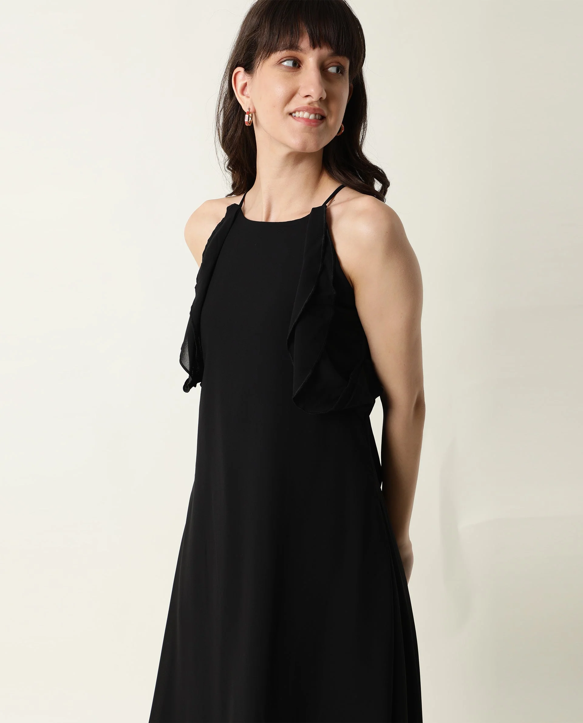 Rareism Women Decora Black Round Neck Spaghetti Shoulder Straps With Ruffles And Pockets Maxi Dress - Image 7