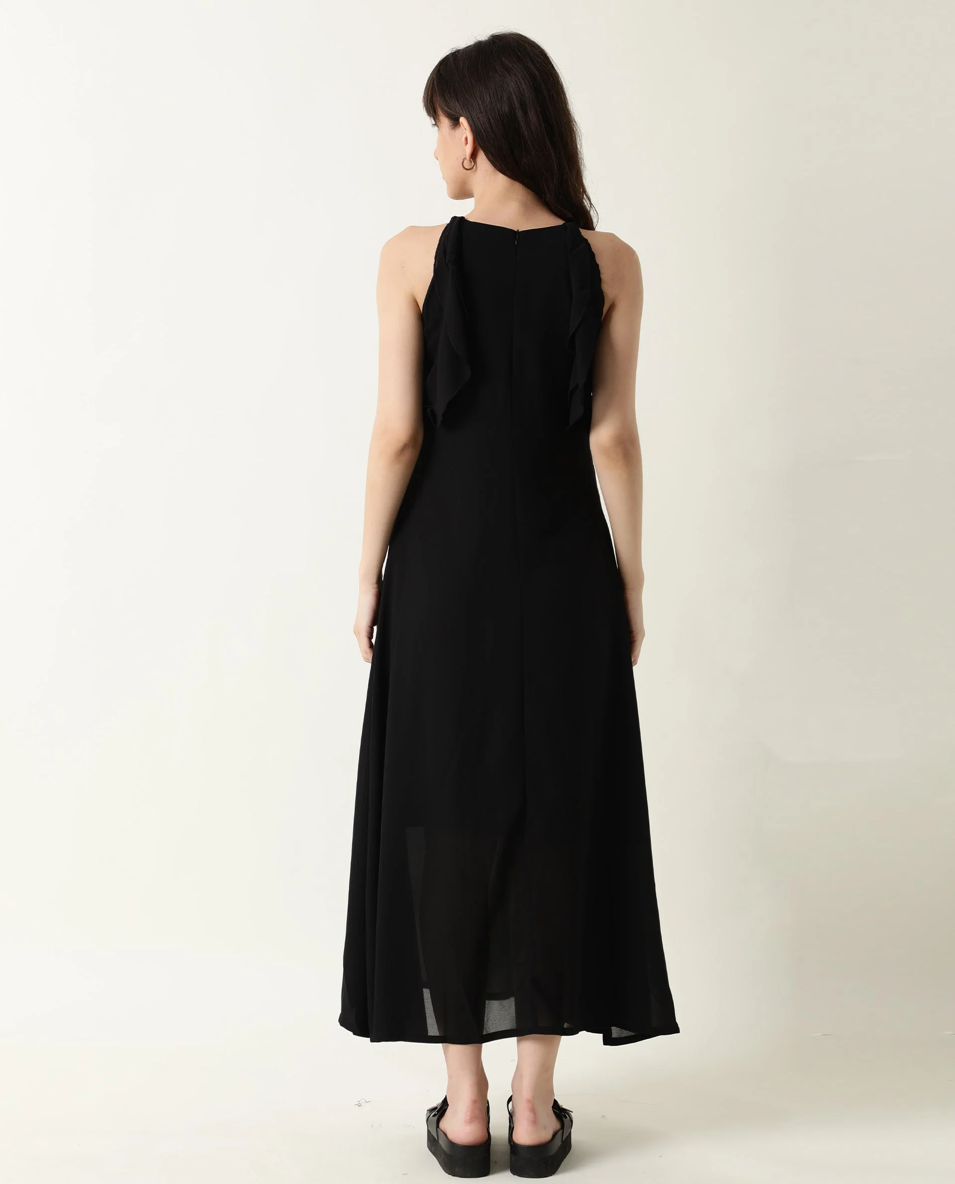 Rareism Women Decora Black Round Neck Spaghetti Shoulder Straps With Ruffles And Pockets Maxi Dress - Image 8