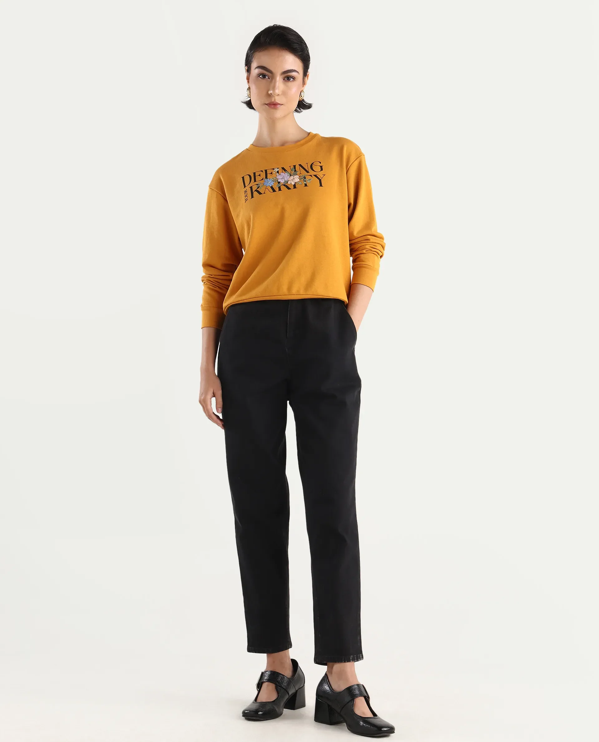 Rareism Women's Defni Dusky Mustard Cotton Blend Crew Neck Graphic Print Relaxed Fit Sweatshirt - Image 2