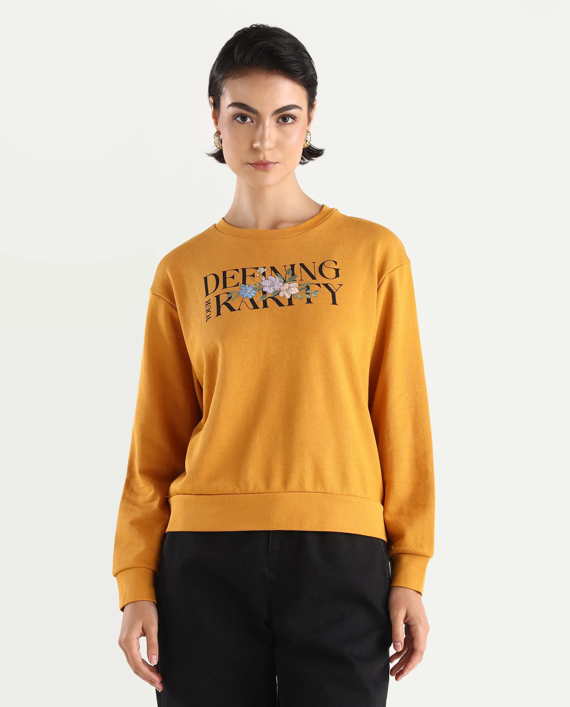 Rareism Women's Defni Dusky Mustard Cotton Blend Crew Neck Graphic Print Relaxed Fit Sweatshirt - Image 3