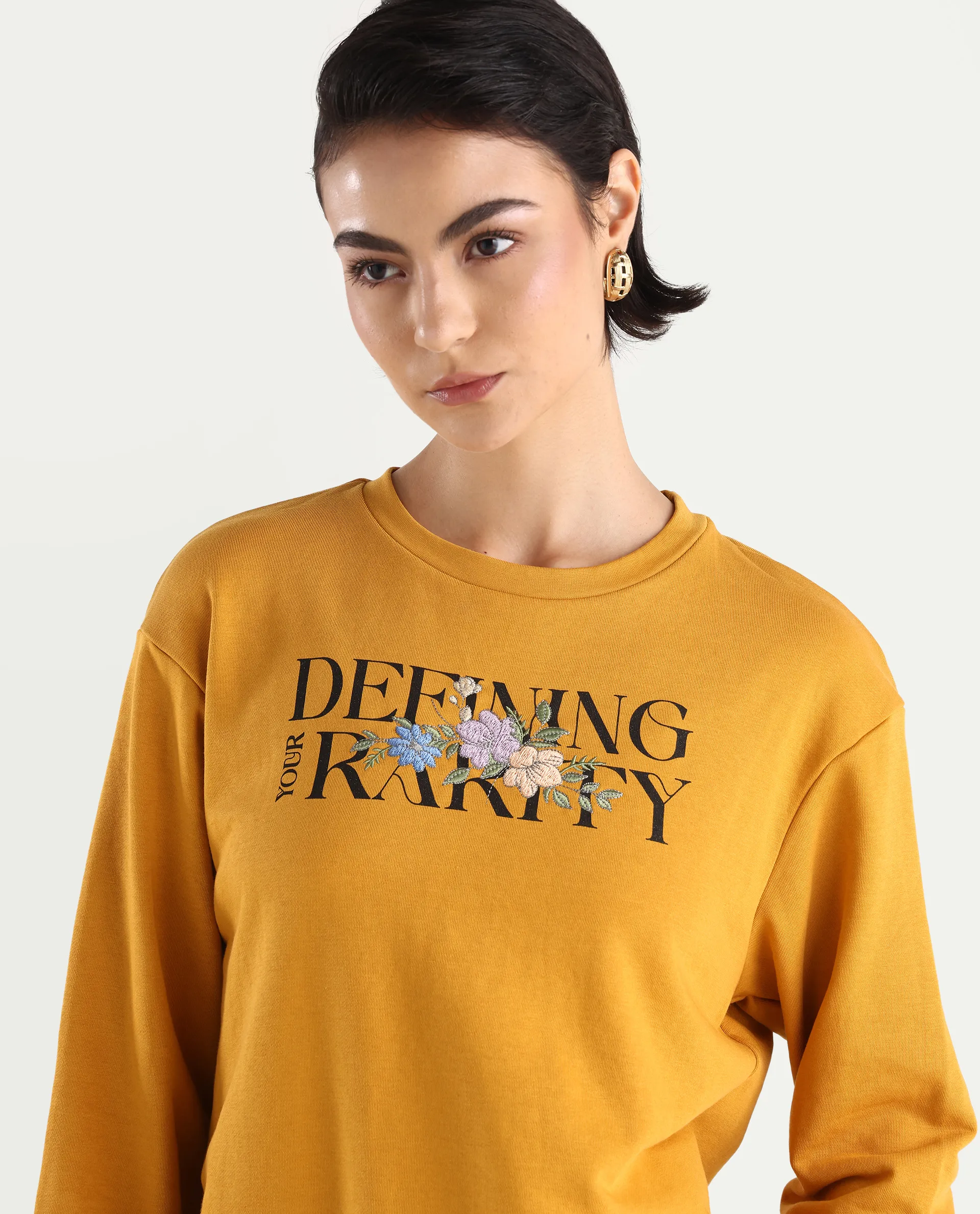Rareism Women's Defni Dusky Mustard Cotton Blend Crew Neck Graphic Print Relaxed Fit Sweatshirt - Image 4